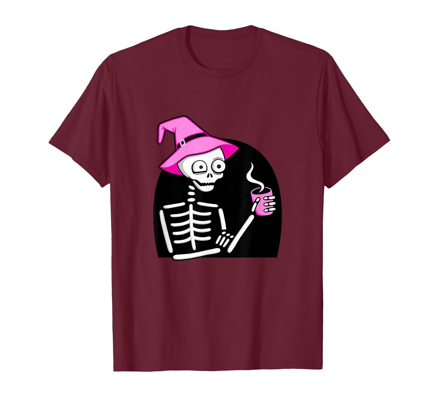 Skeleton Drinking Coffee Pink Witch Hat Halloween Funny T-Shirt