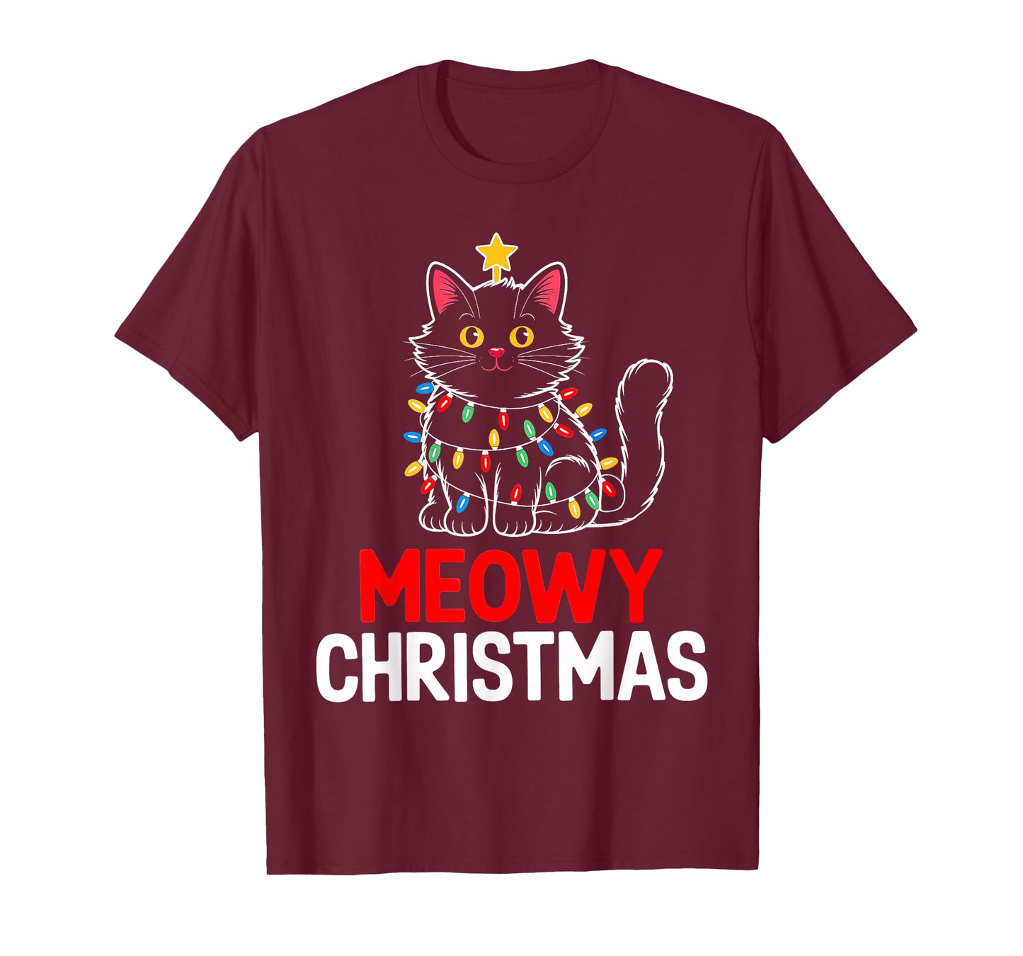 Meowy Christmas Light Black Cat Santa Hat Funny Xmas Pajamas T-Shirt