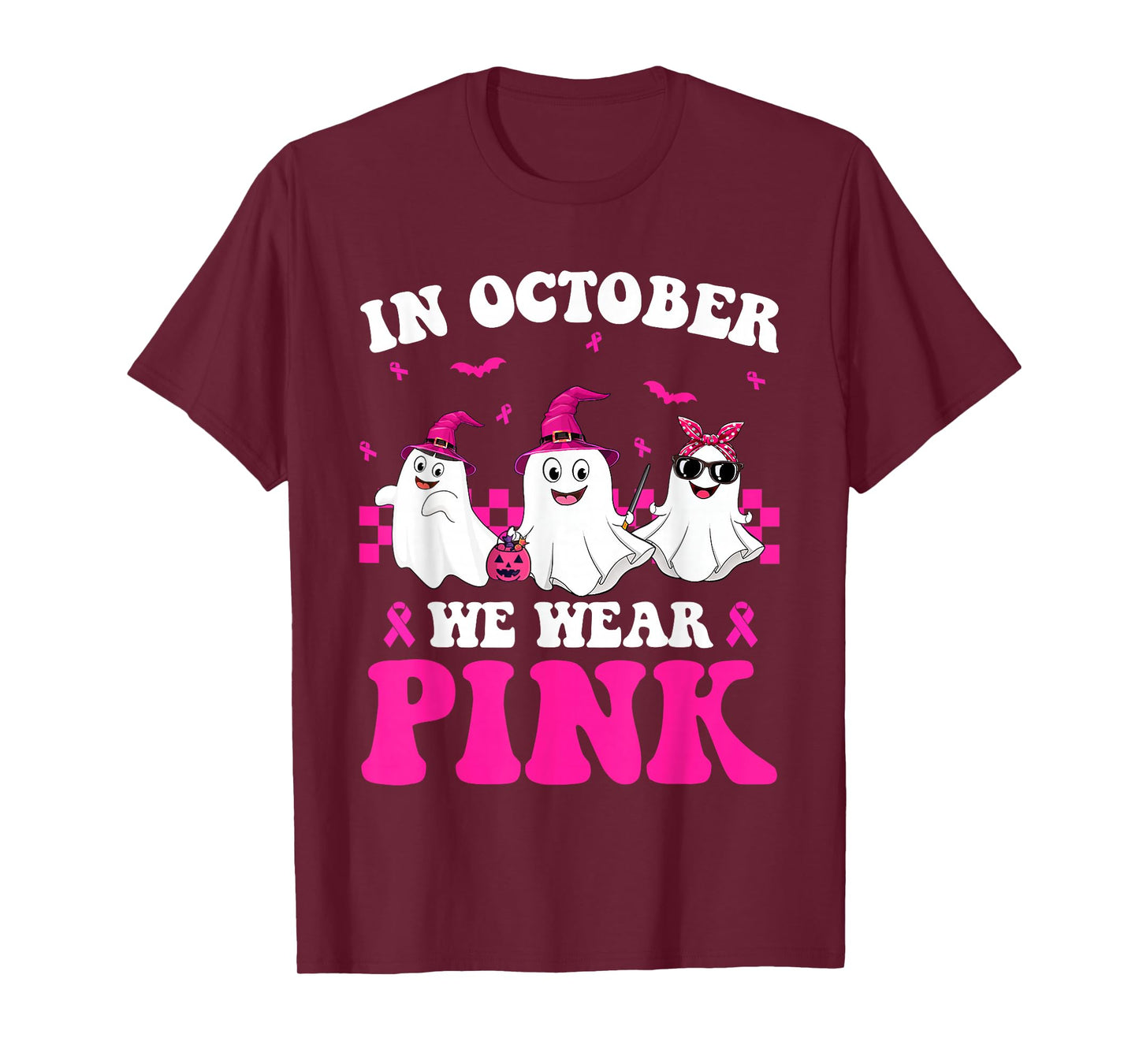 in October We Wear Pink Ghost Boo Halloween Breast Cancer T-Shirt