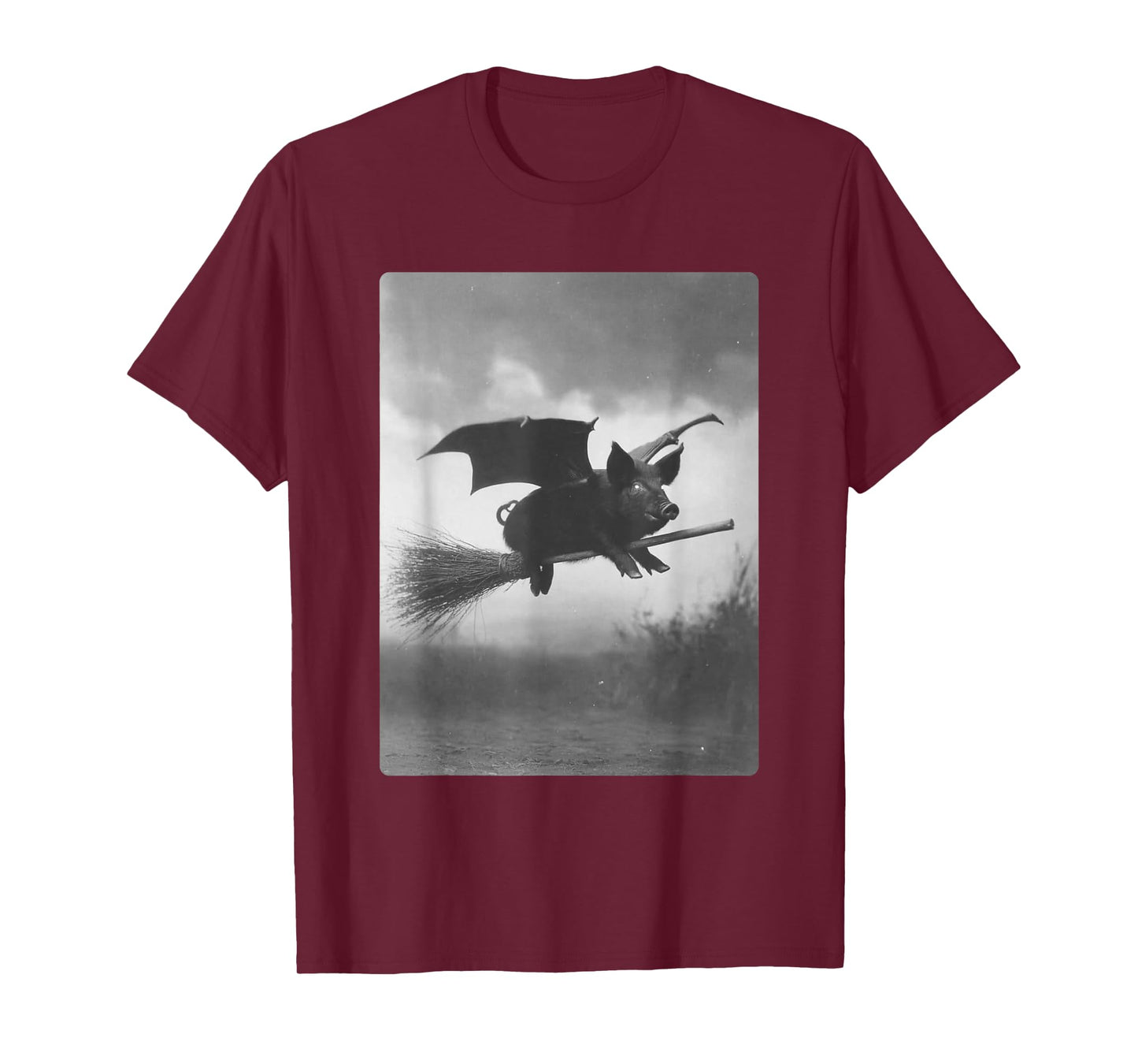 Gothic Pig Witch Broom Bat Wings Spooky Halloween Animal T-Shirt