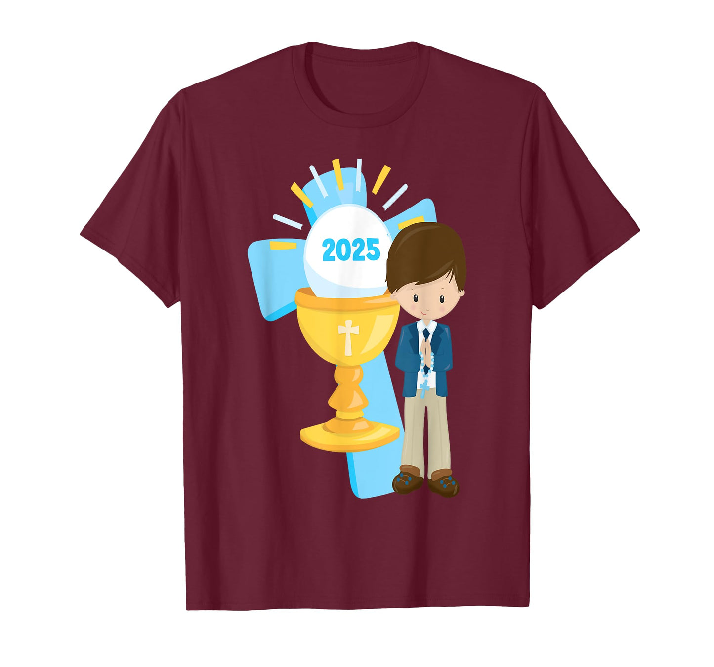 Brunette Boy First Communion 2025 Cross Chalice Rosary Blue T-Shirt