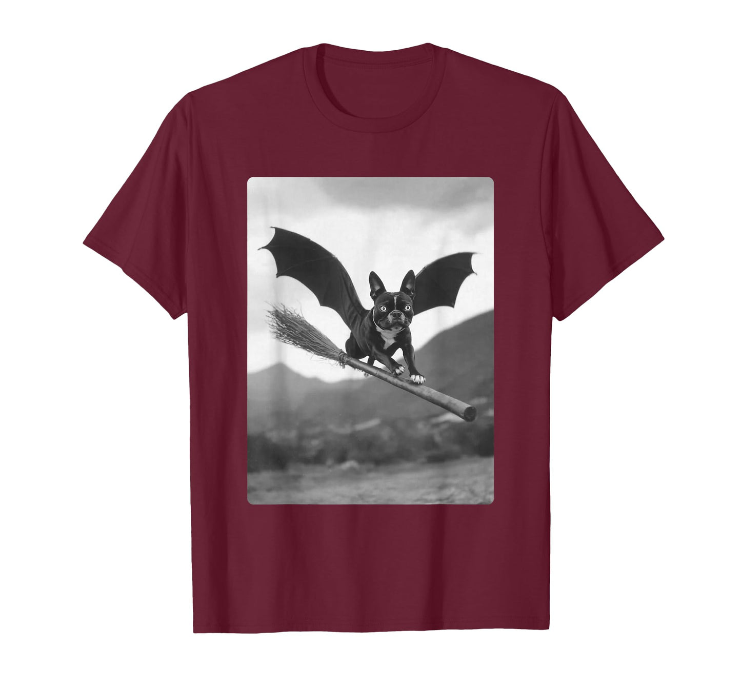 Boston Terrier Witch Broom Bat Wings Spooky Halloween Dog T-Shirt