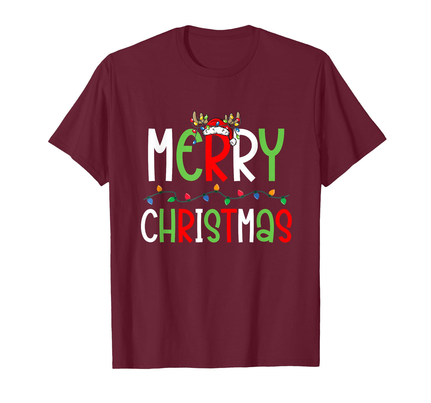 Merry Christmas Lights Reindeer Santa Holiday Outfit T-Shirt