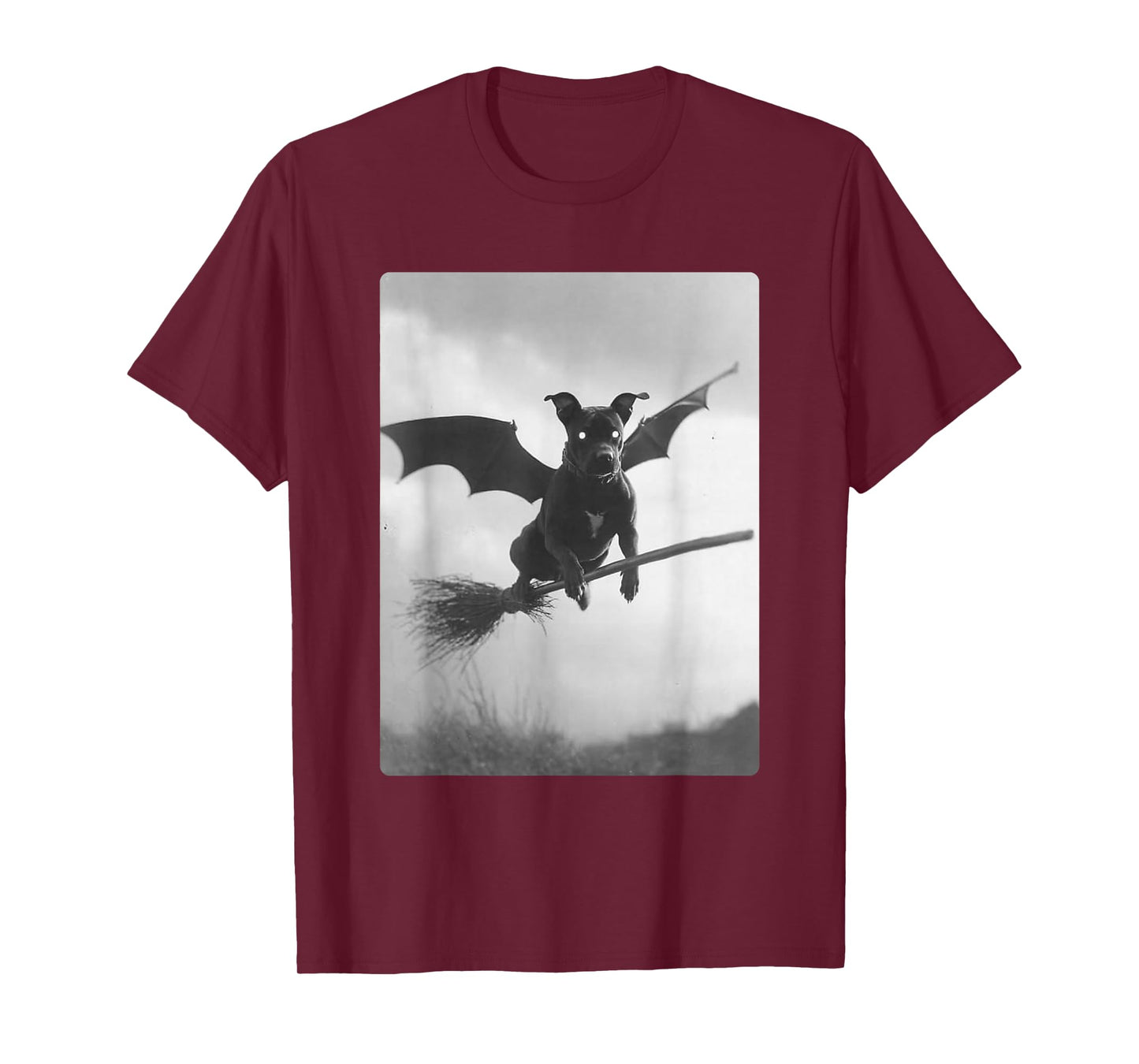 Gothic Pit Bull Witch Broom Bat Wings Spooky Halloween Dog T-Shirt