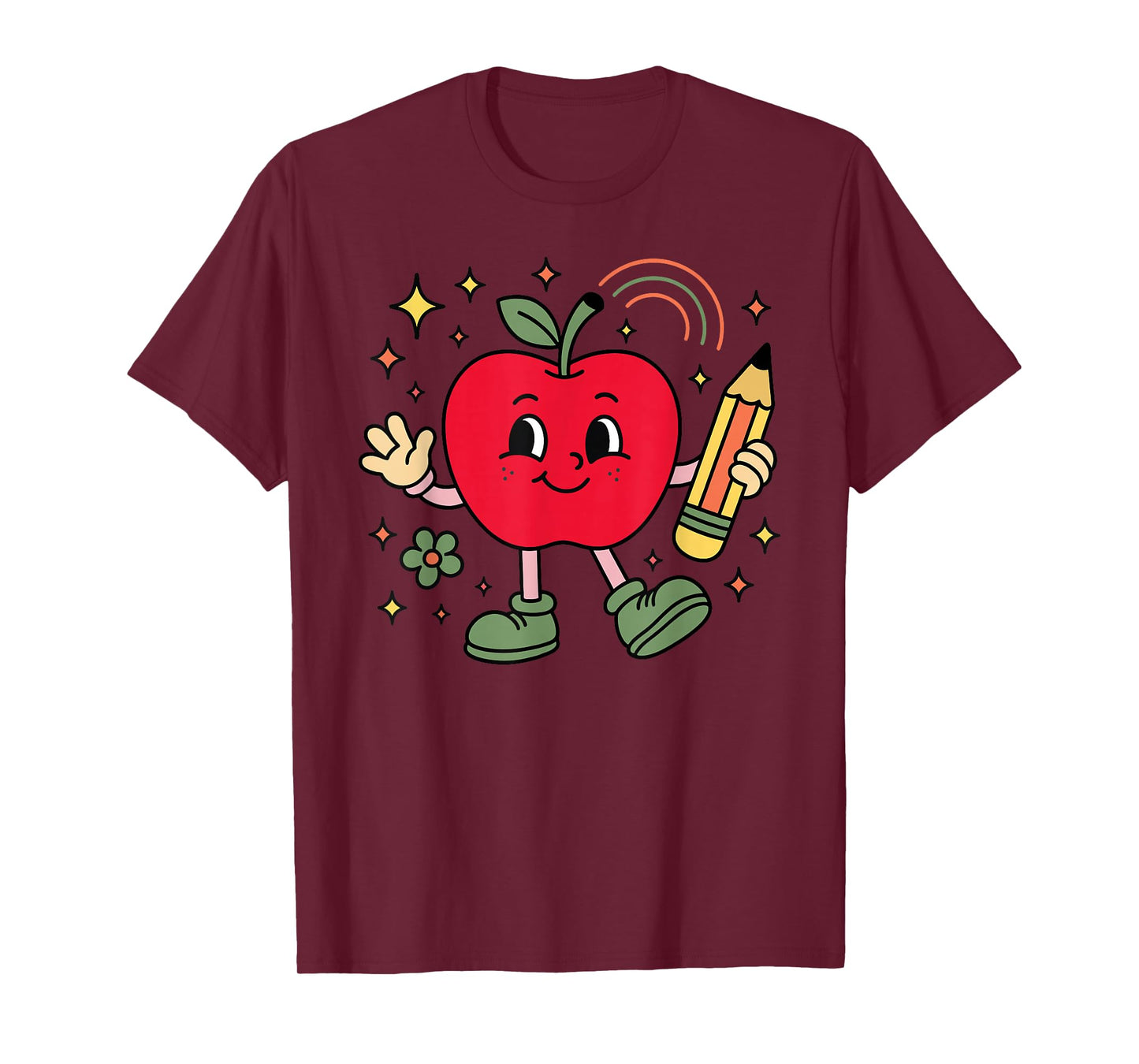 Retro School Apple with Face and Teacher’s Pencil T-Shirt