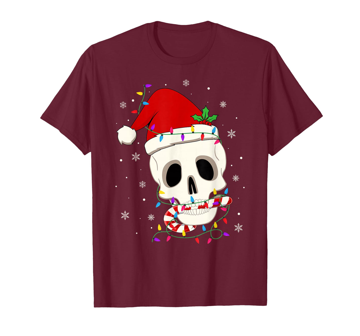 Skeleton Skull Scary Xmas Lights Funny Santa Hat Christmas T-Shirt