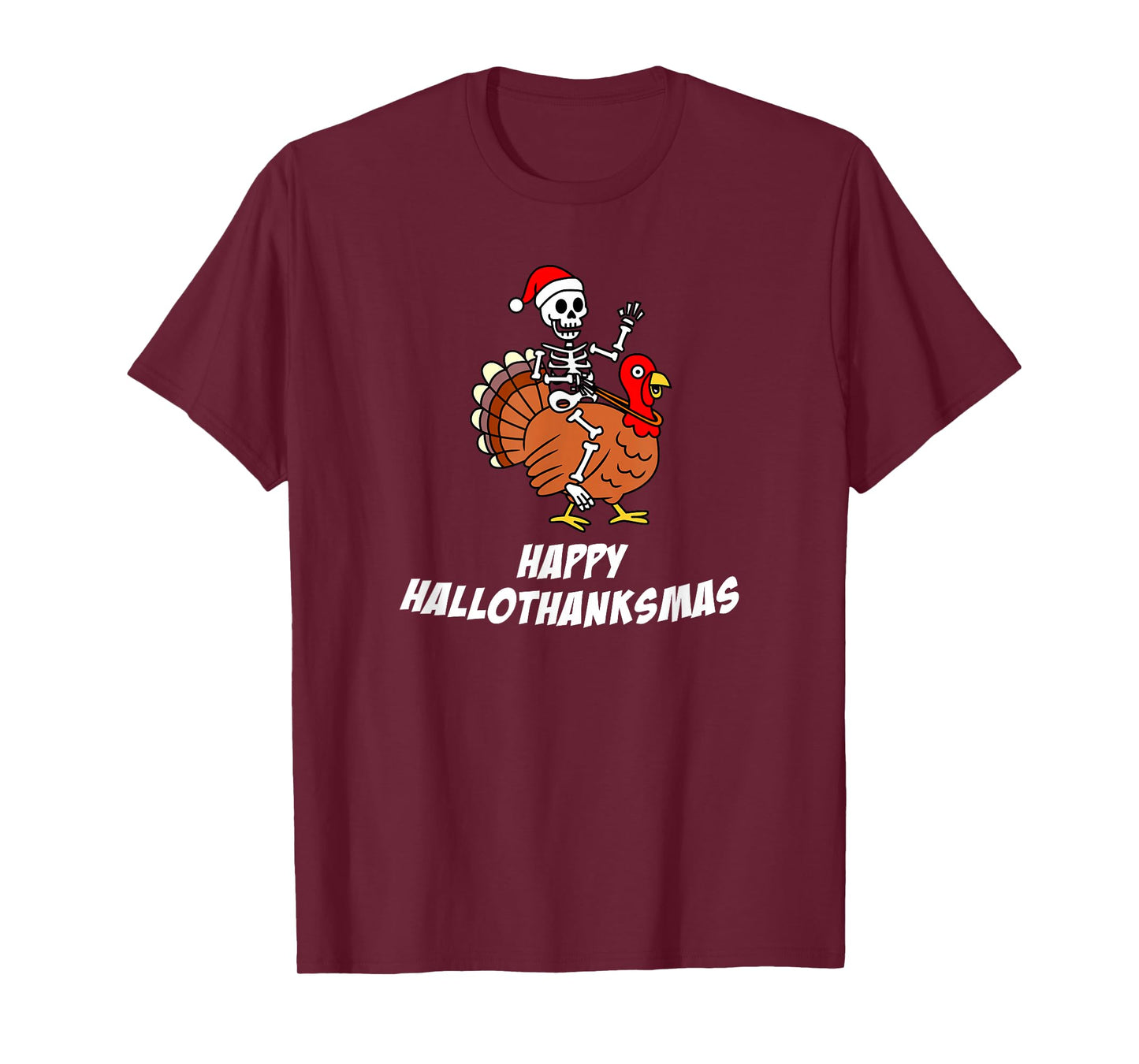 Happy HalloThanksMas Skeleton Santa Hat Turkey Holiday T-Shirt