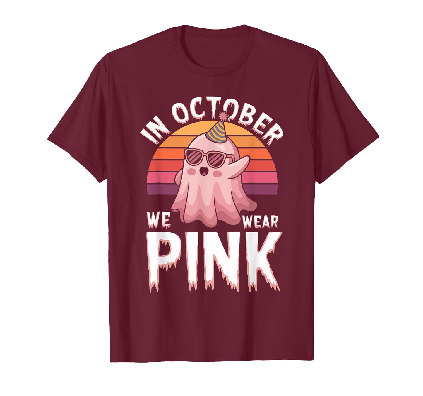 in October We Wear Pink Ghost Witch Breast Cancer Awareness T-Shirt