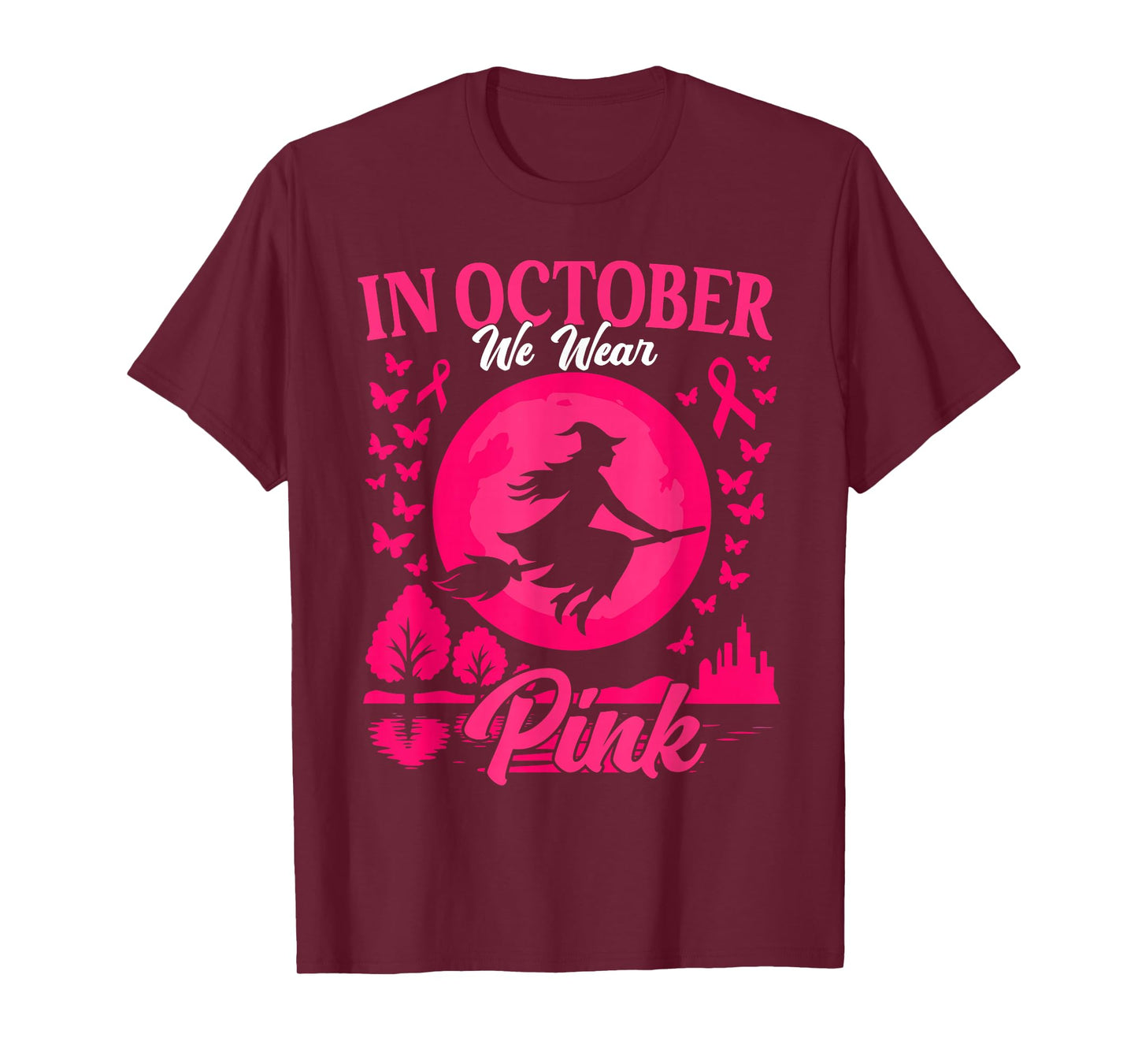 in October We Wear Pink Breast Cancer Women Halloween Girls T-Shirt