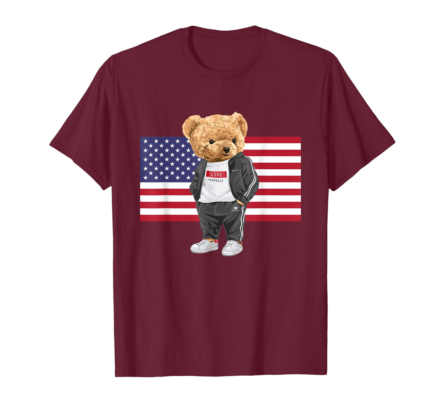 Cool USA Teddy Bear Illustration Novelty Graphic Designs T-Shirt