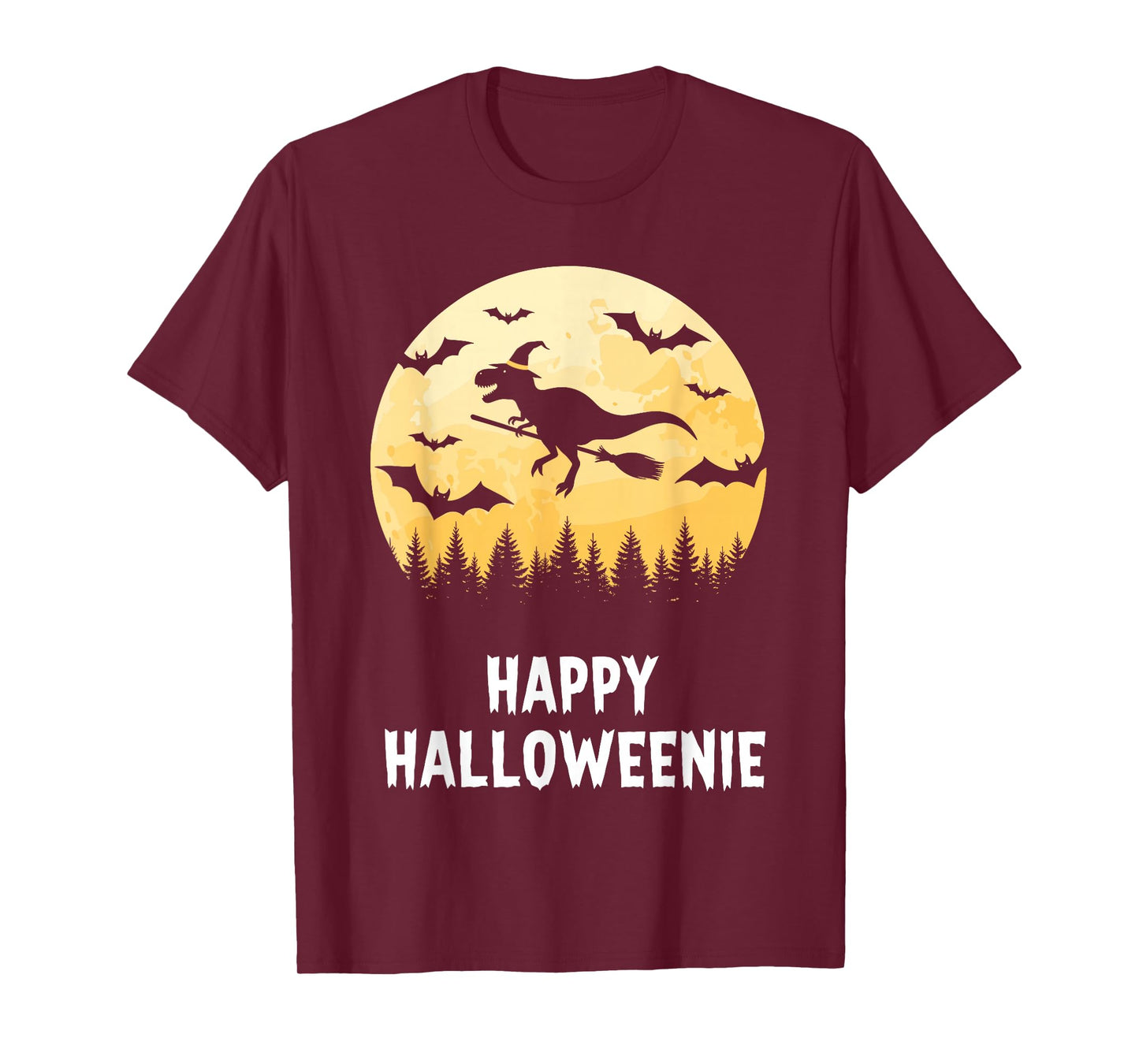 Happy Halloweenie Funny Dinosaur T Rex Flying Witch T-Shirt