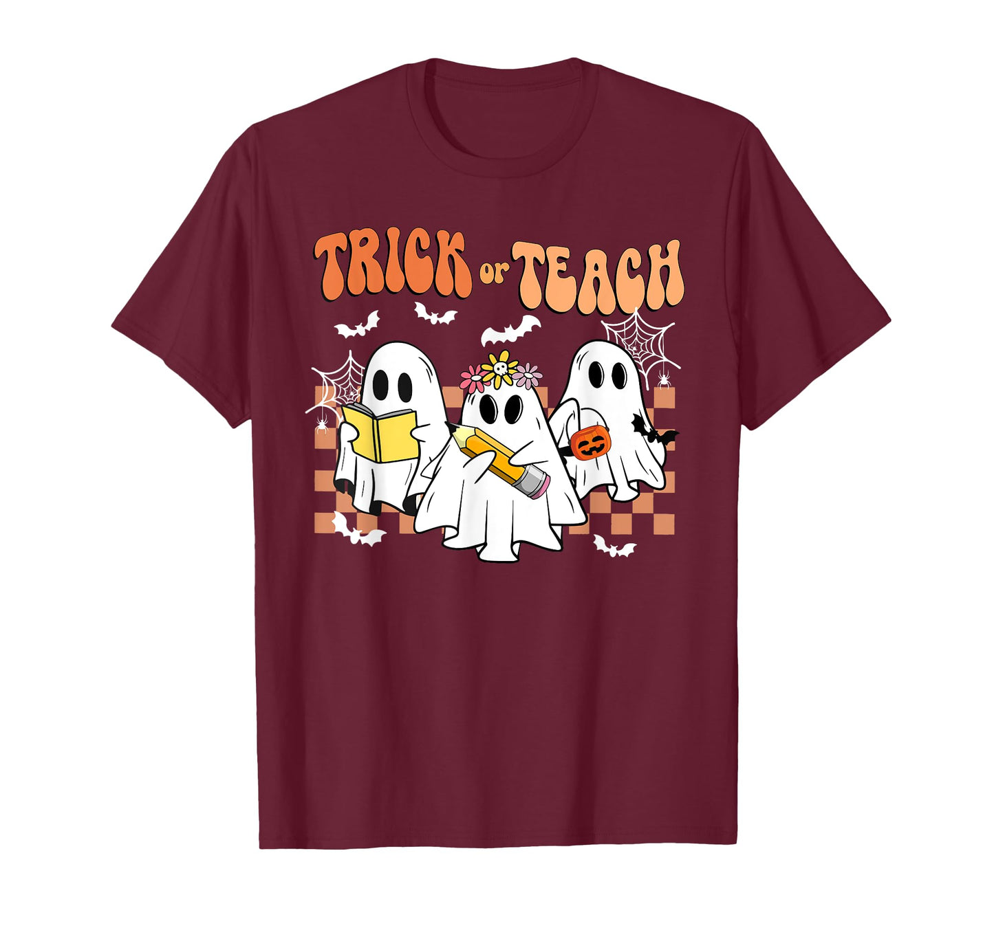 Trick Or Teach Groovy Teacher Halloween Retro Floral Ghost T-Shirt