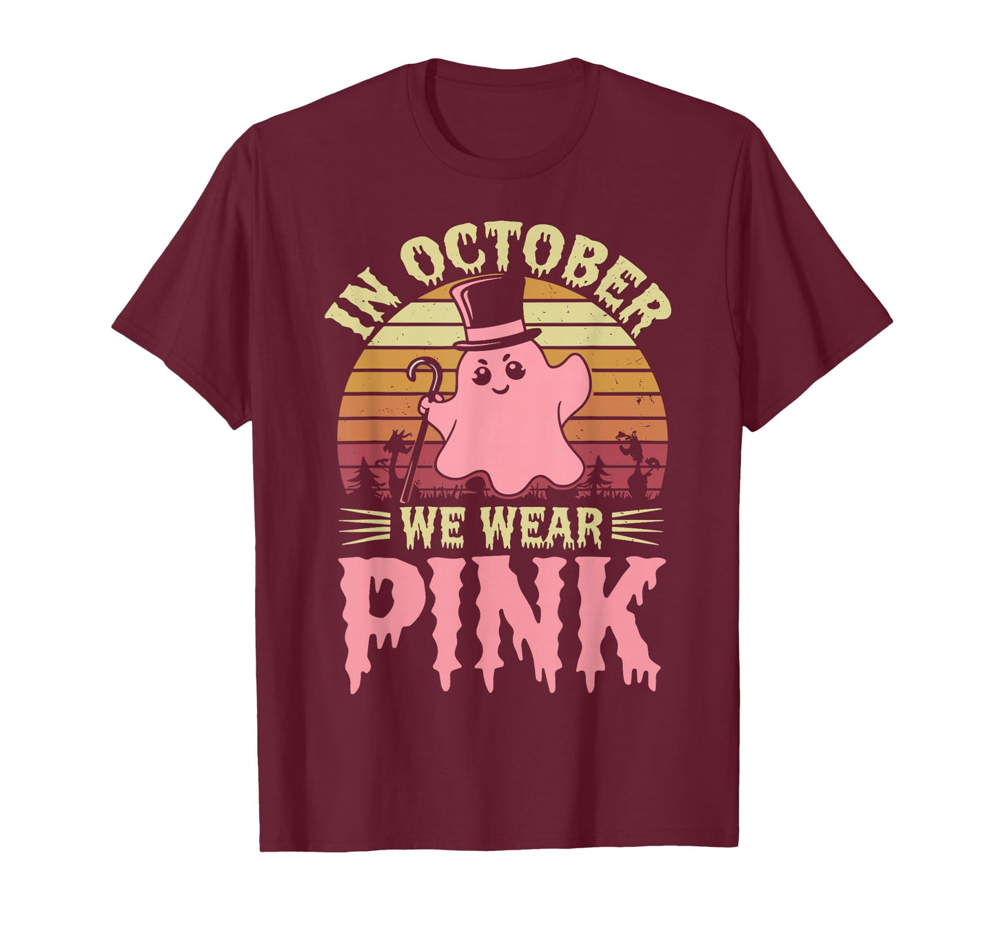 in October We Wear Pink Ghost Witch Breast Cancer Awareness T-Shirt