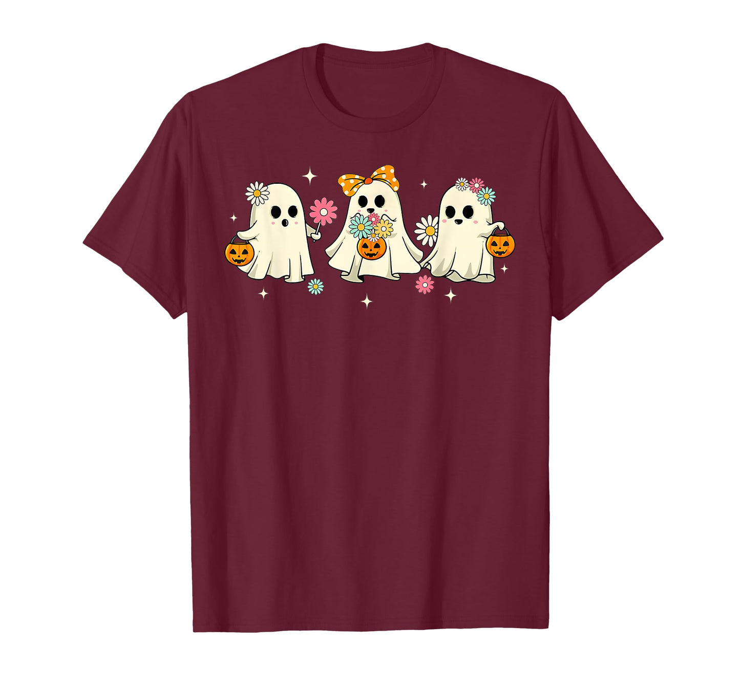 Cute Ghost Groovy Vintage Halloween Spooky Season Floral T-Shirt