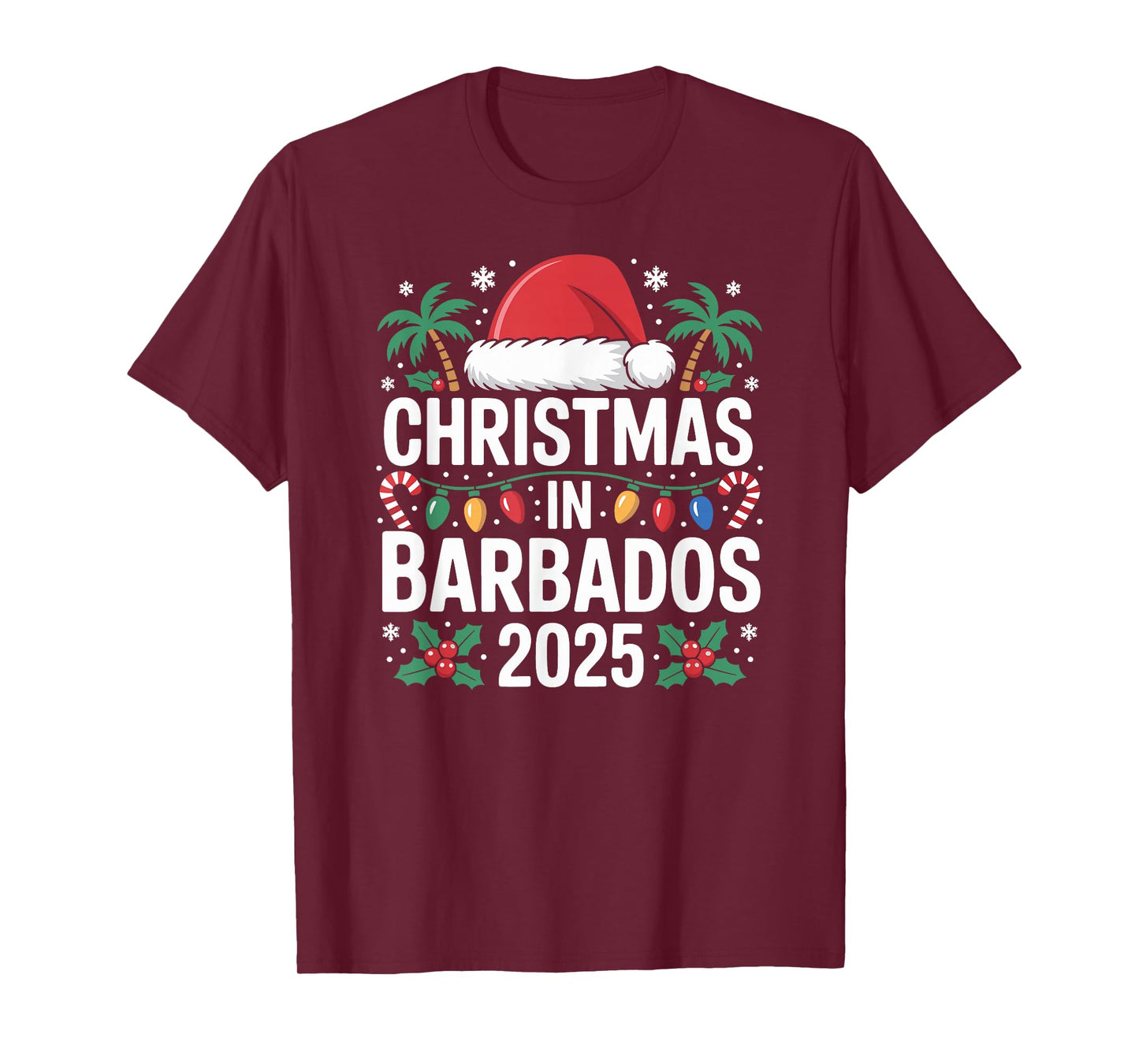 Fun Tropical Santa Hat and Lights Christmas in Barbados 2025 T-Shirt