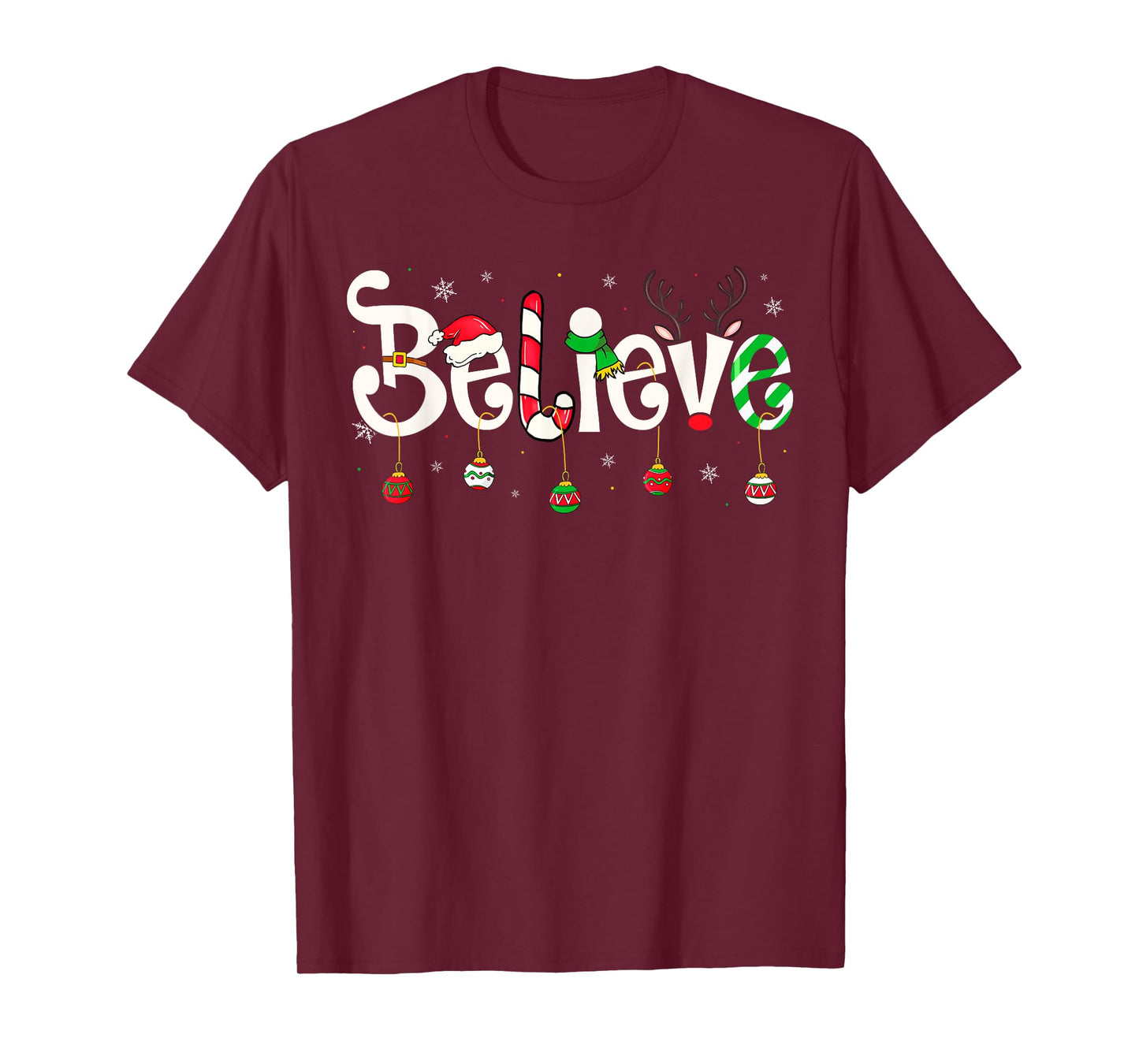 Merry Christmas Believe Santa Claus Reindeer Candy Cane Xmas T-Shirt