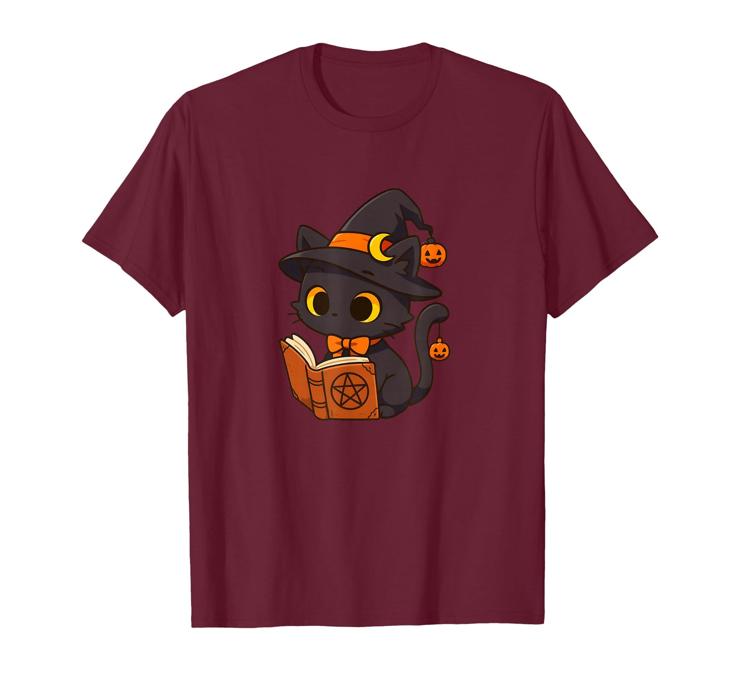 Cute Black Witch Cat Reading Spells Book Kawaii Halloween T-Shirt