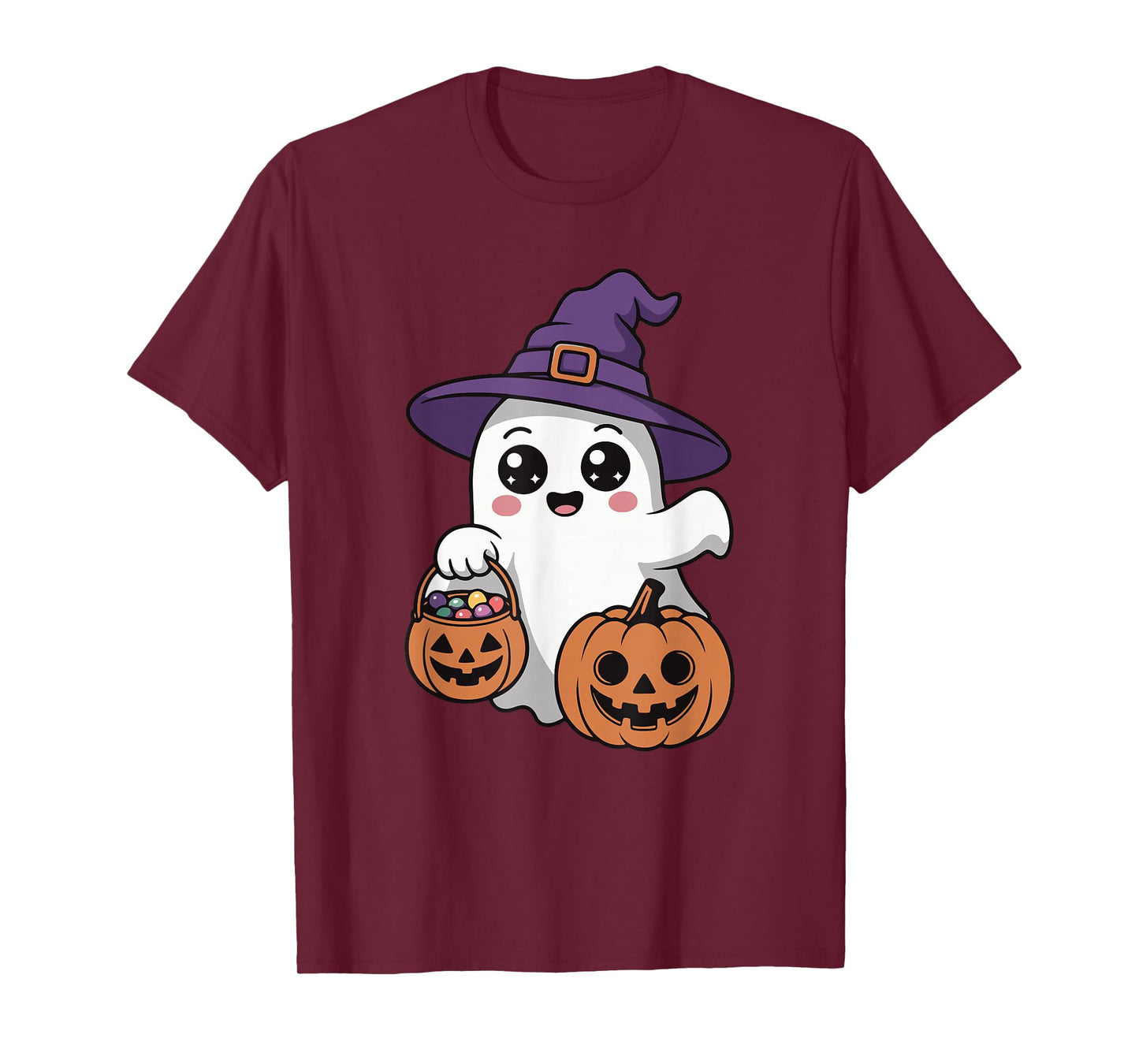 Cute Ghost with Pumpkin Candy Funny Halloween Trick or Treat T-Shirt