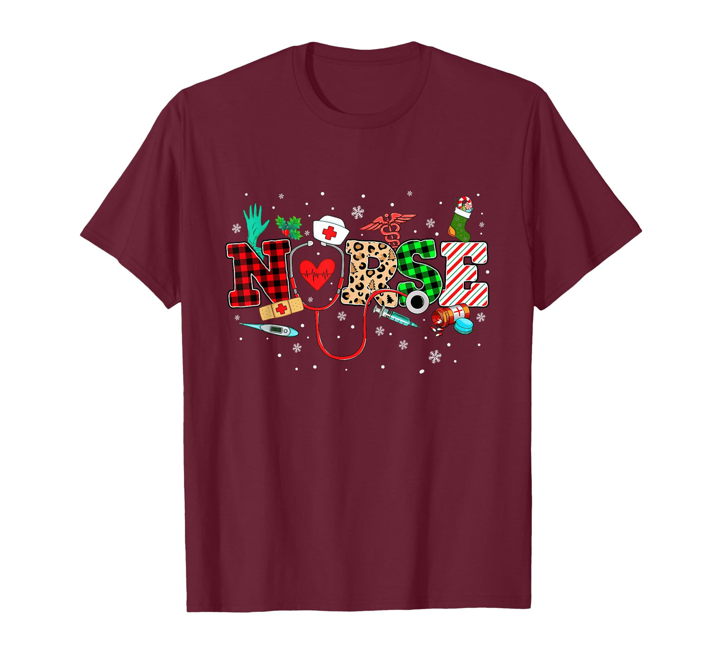 Nurse Christmas Stethoscope Nurses Buffalo Plaid Red Green T-Shirt