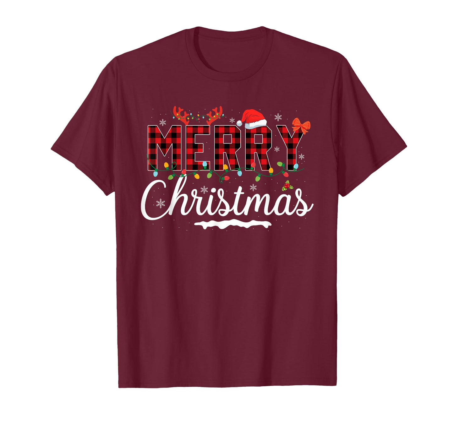 Merry Christmas Lights Red Santa Hat Xmas Family Men Women T-Shirt
