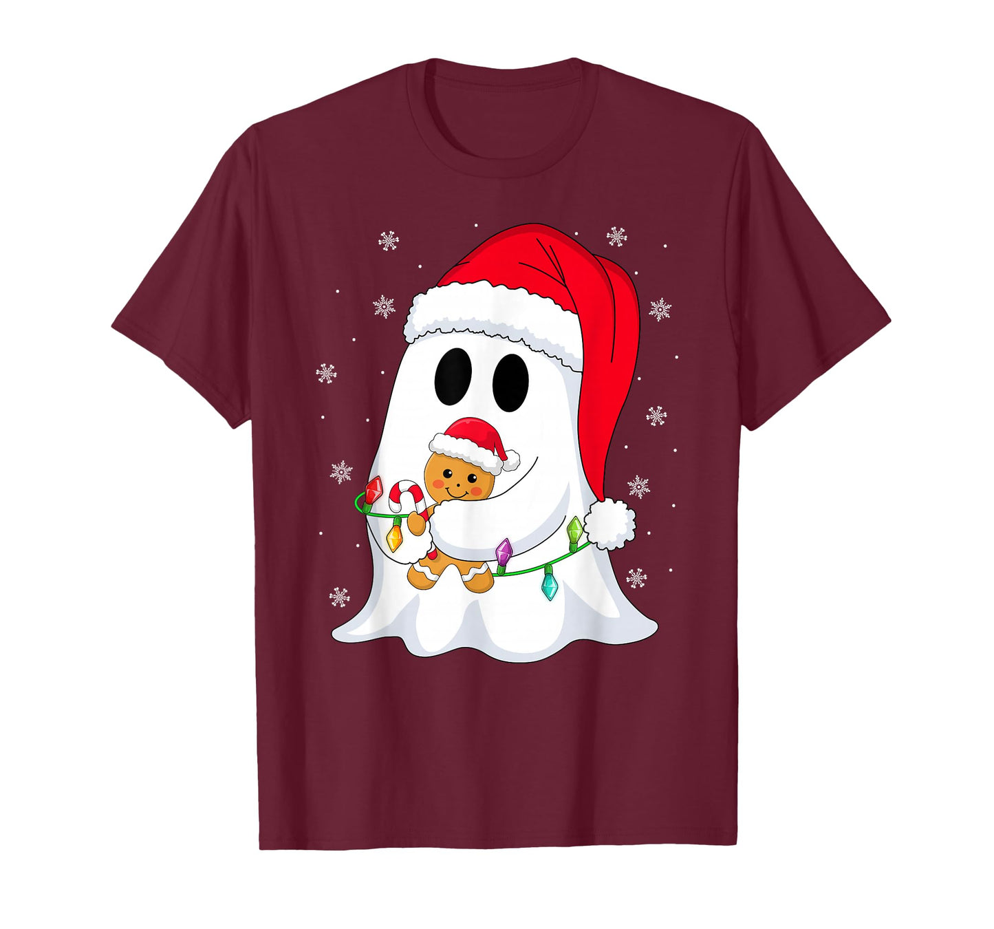 Spooky Ghost Xmas Lights Santa Hat Funny Boo Ghost Christmas T-Shirt