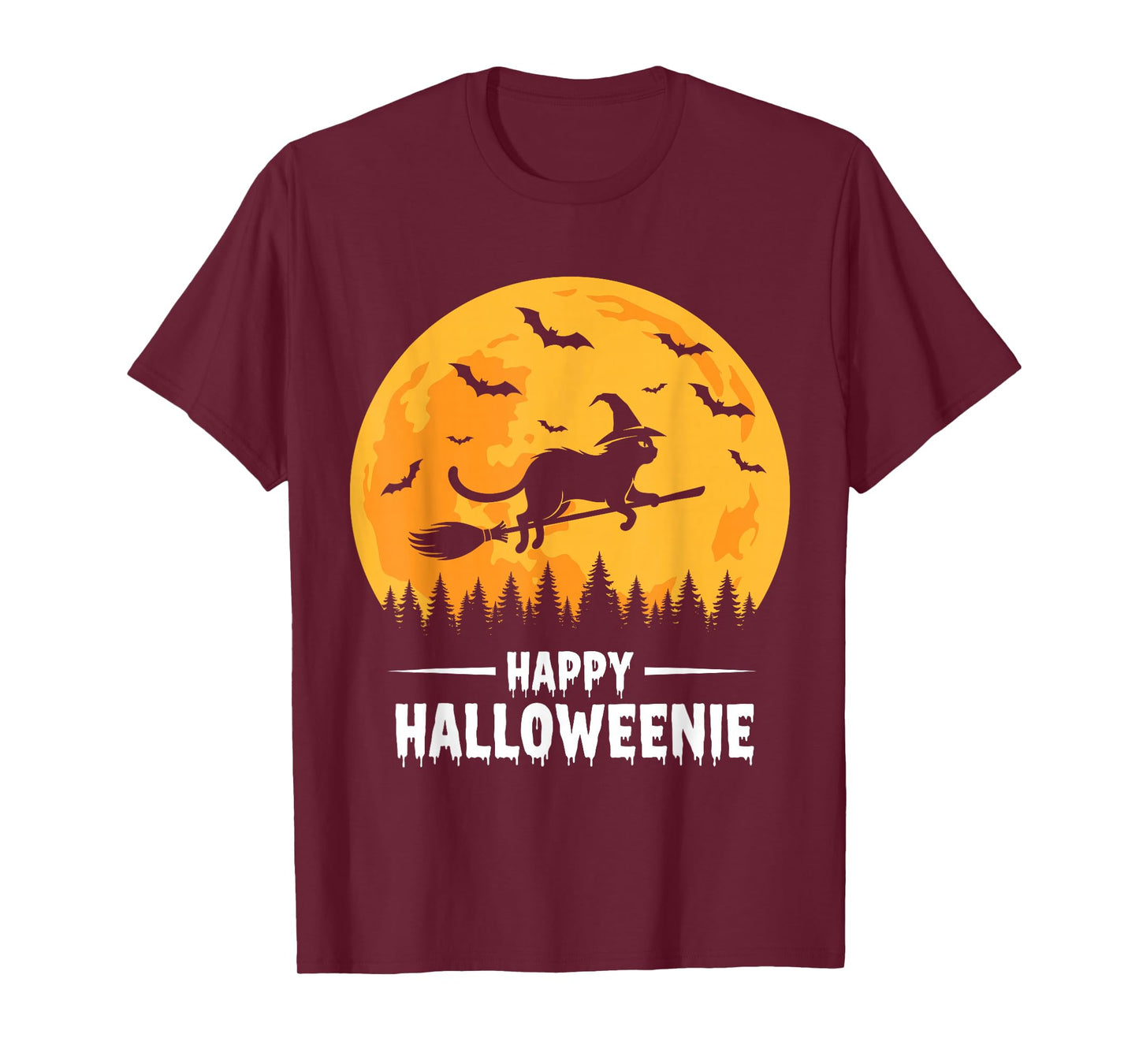 Happy Halloweenie Funny Halloween Cat Flying Witch T-Shirt