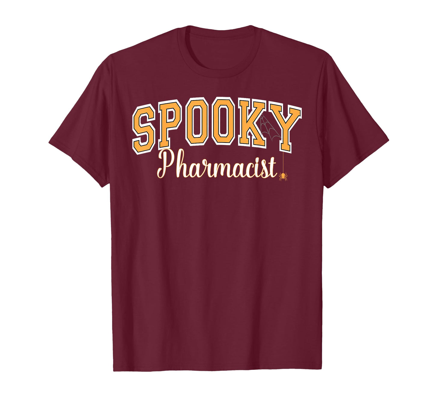 Spooky Pharmacist Halloween Spider Varsity Orange Letters T-Shirt