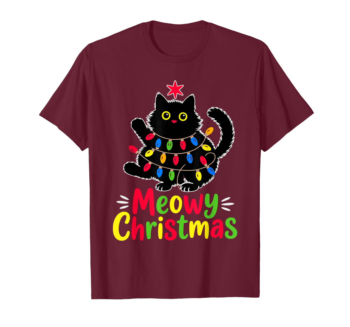 Meowy Christmas Xmas Lights Black Cat Funny Men Women Kids T-Shirt