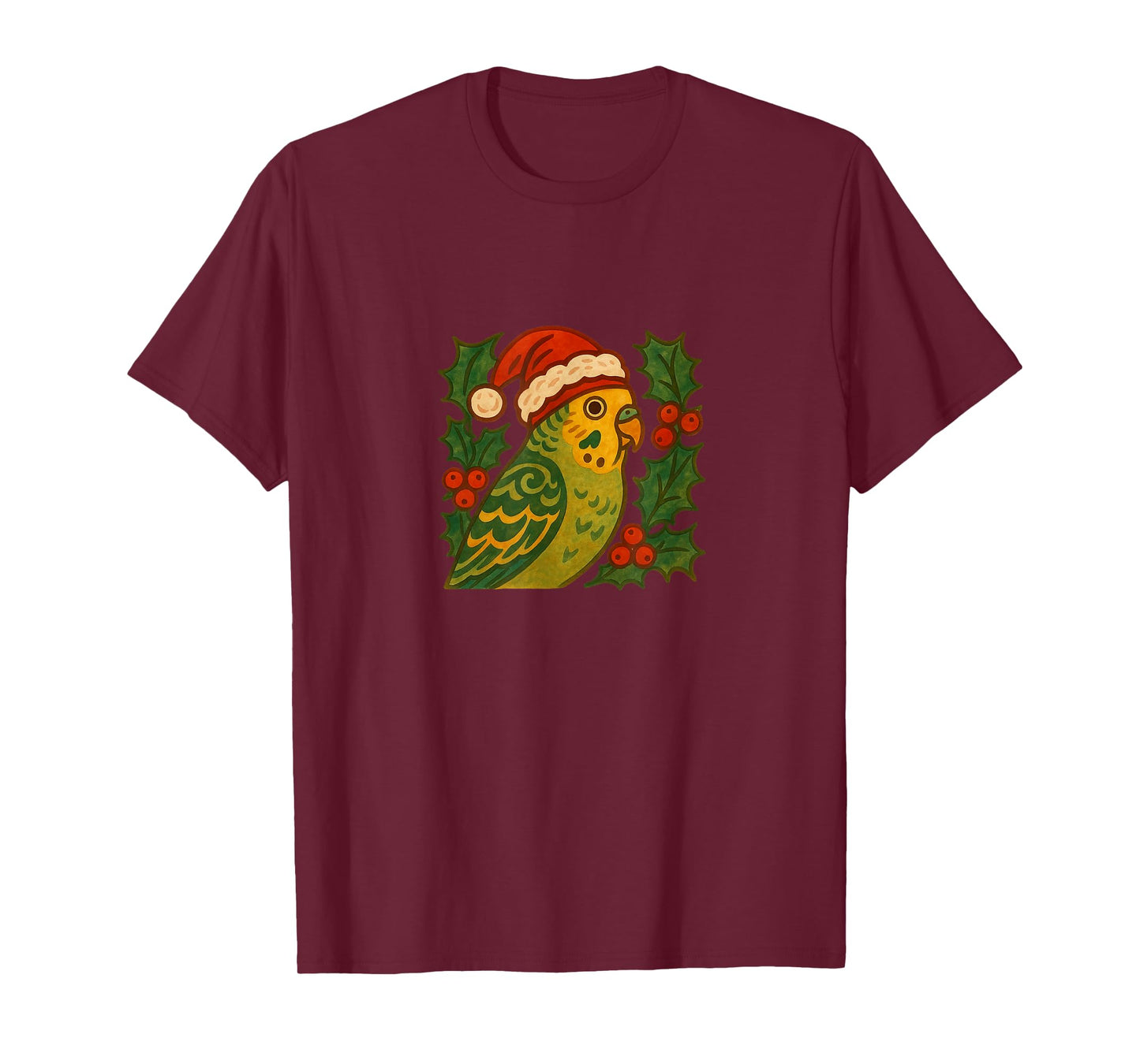 Parakeet in Santa Hat with Christmas Holly T-Shirt