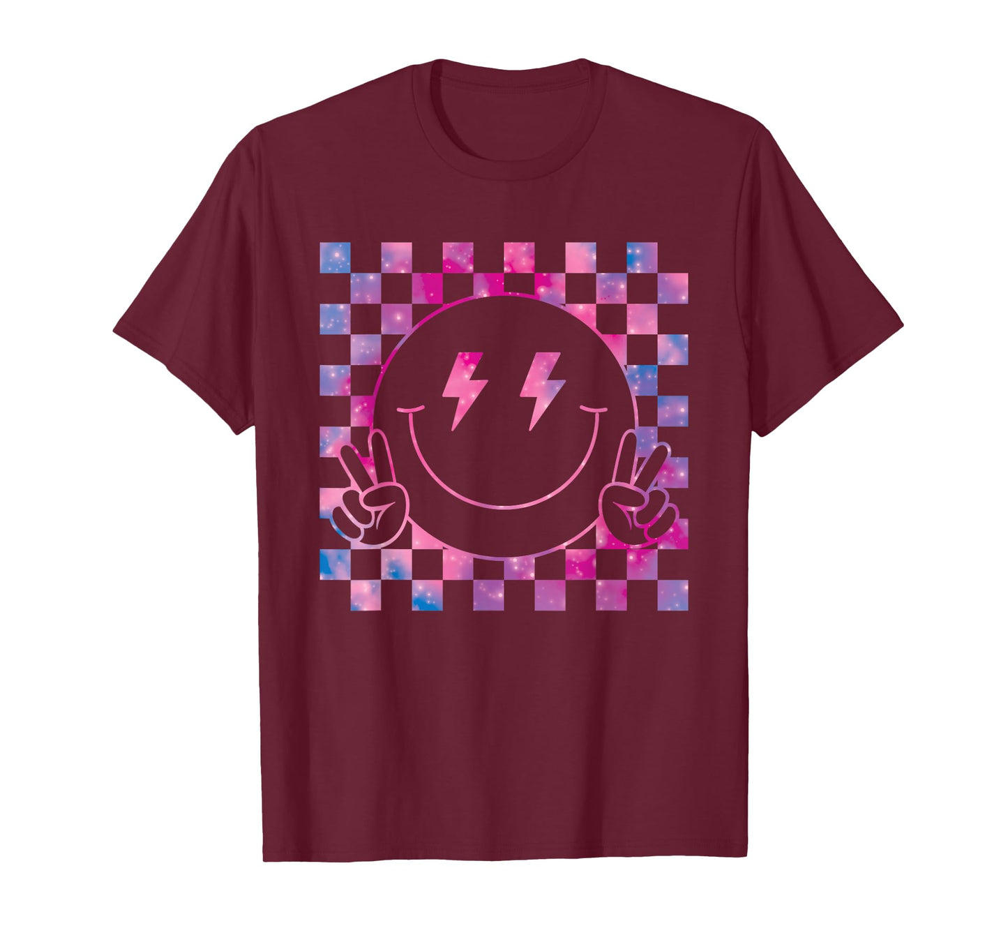 Checkered Lightning Bolt Eyes Happy Smiling Smile Face Peace T-Shirt