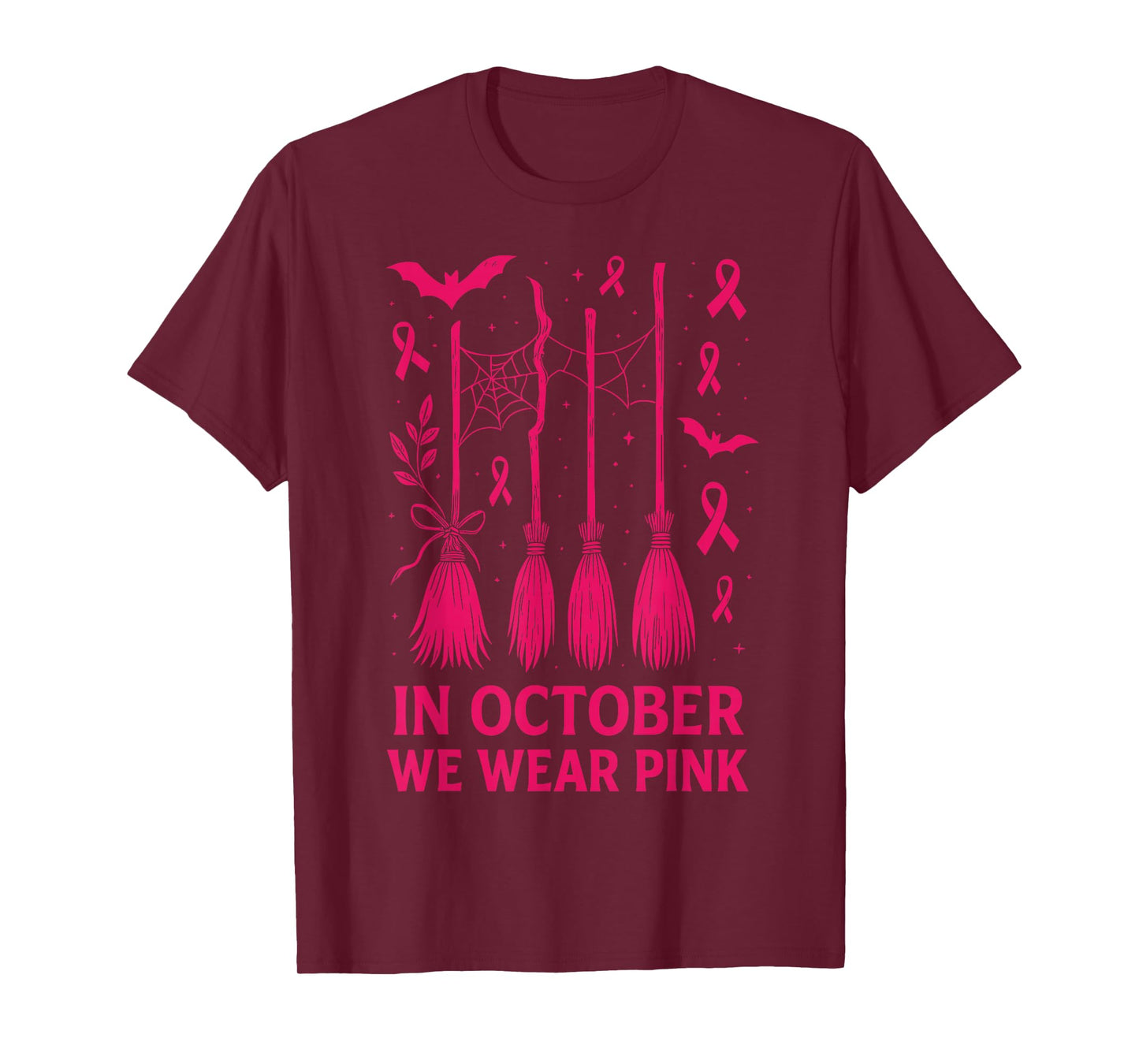 in October We Wear Pink Witch Broom Awareness T-Shirt