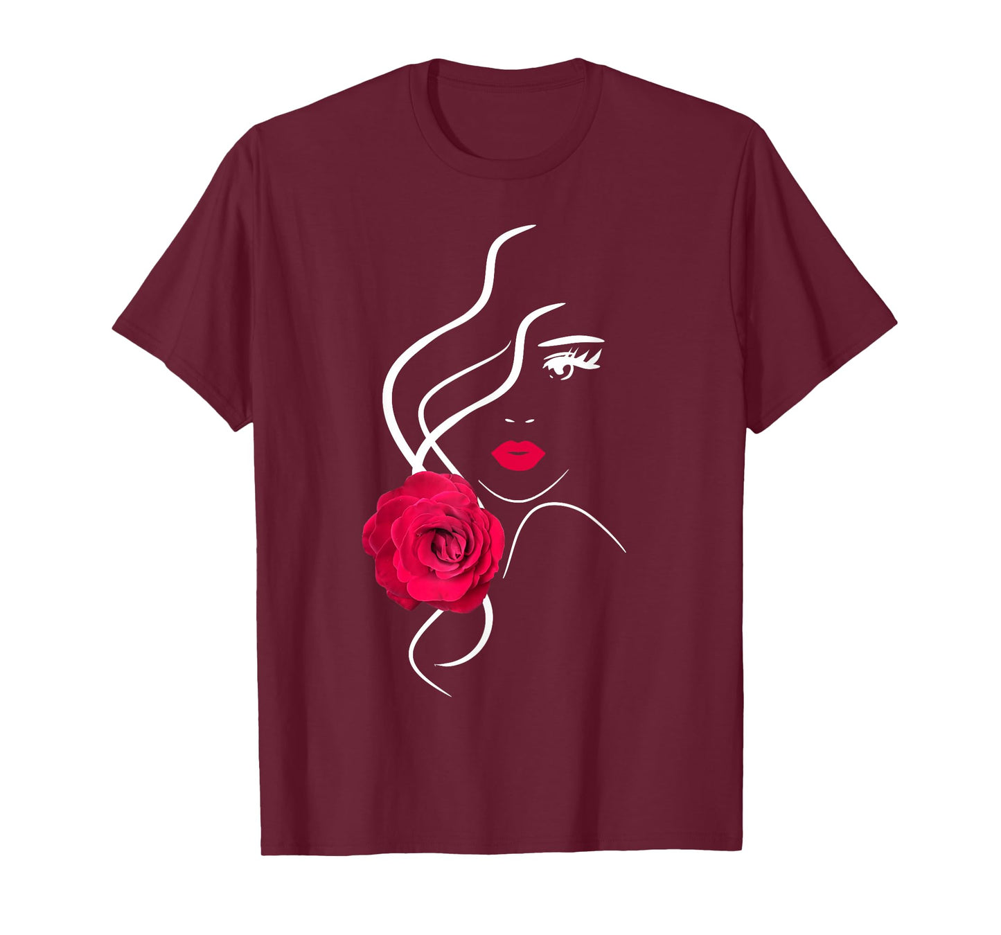 Pretty Girl Face with Hot Red Rose Black White Shapes Mania T-Shirt