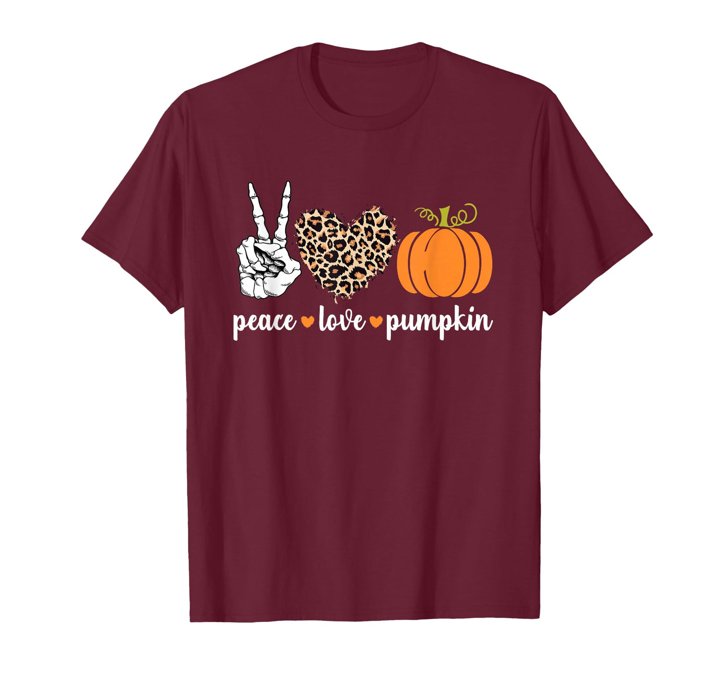 Peace Love Pumpkin Halloween Leopard Pumpkin Skeleton Hands T-Shirt
