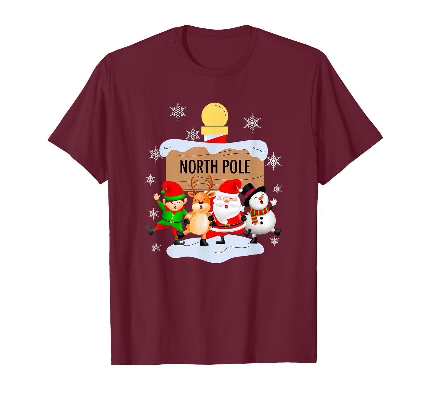 North Pole Santa Elf Reindeer Snowman Cartoon Christmas T-Shirt
