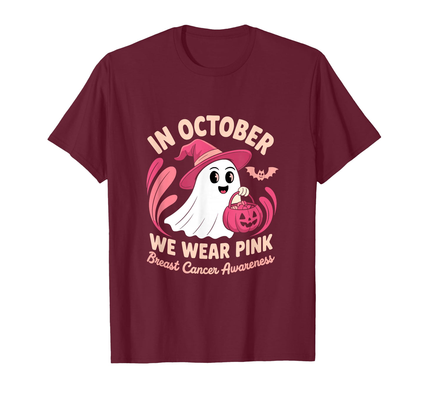 in October We Wear Pink Halloween Witch Ghost Pumpkin T-Shirt