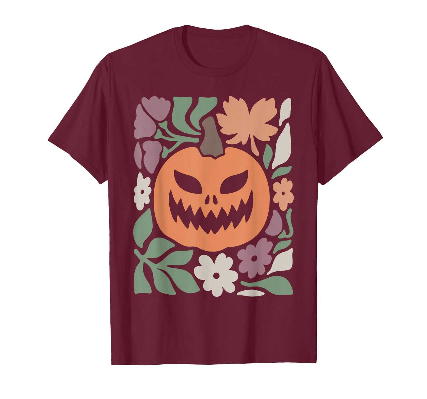 Scary Pumpkin Face Floral Halloween Spooky Jack O Lantern T-Shirt