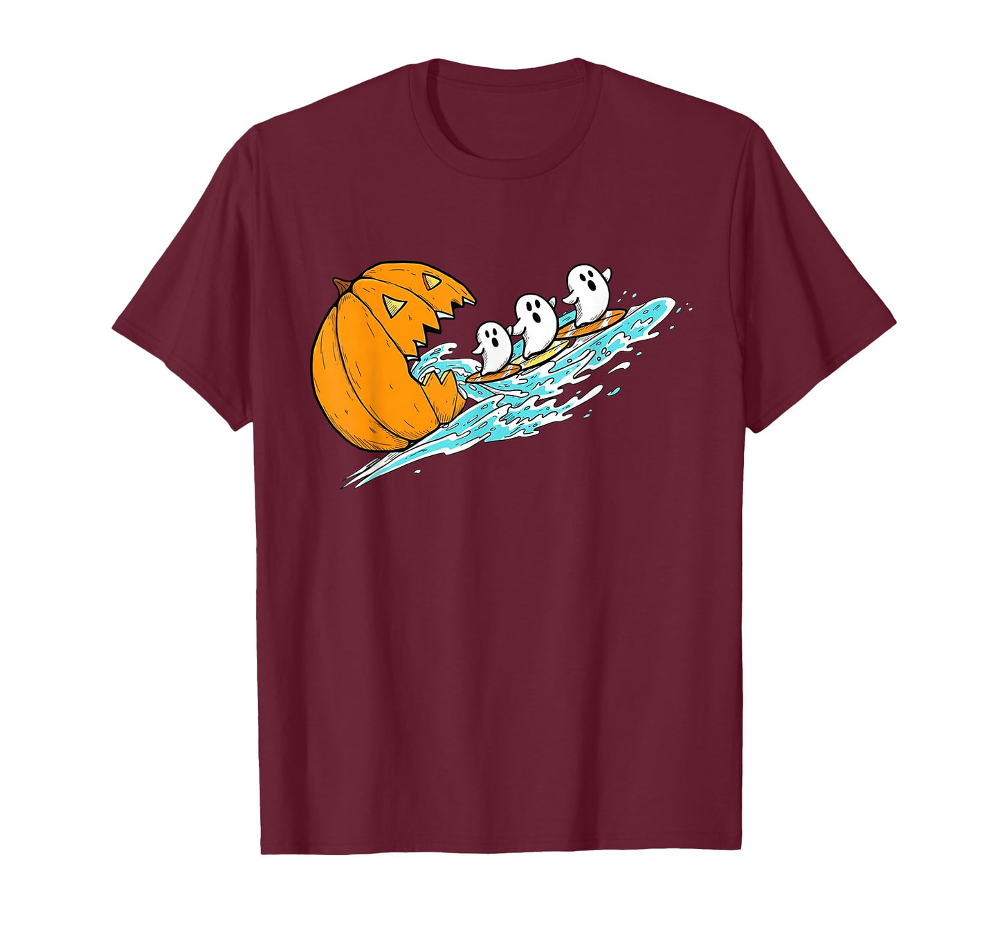 Funny Halloween Gamer Pumpkin Eating Surfing Ghosts T-Shirt