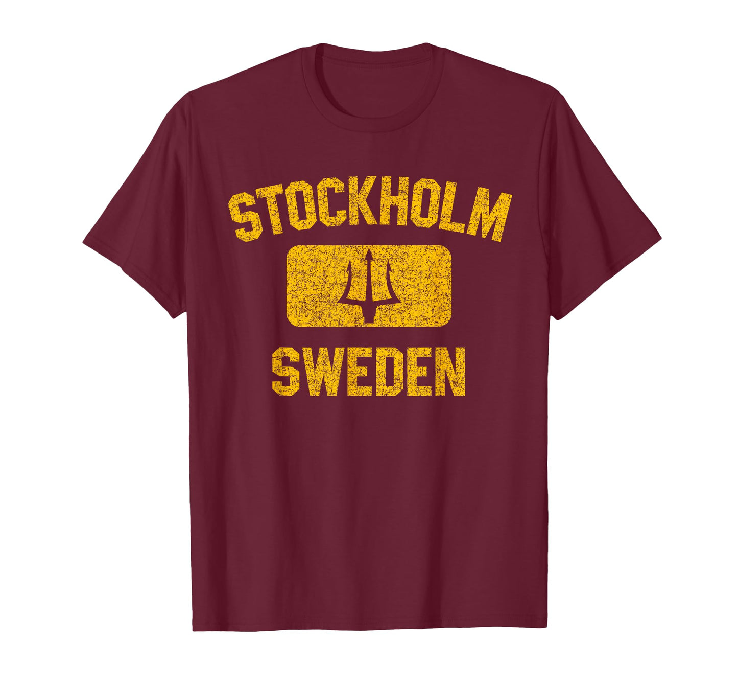 Stockholm Sweden Trident Gym Style Distressed Yellow Print T-Shirt