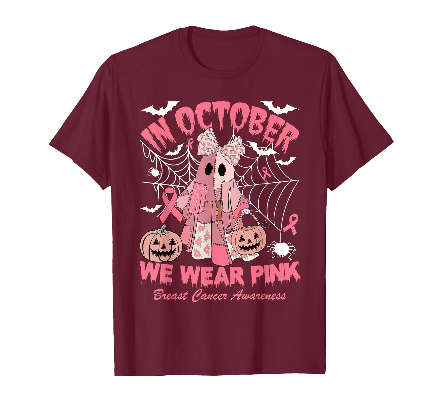 in October We Wear Pink Ghost Witch Breast Cancer Awareness T-Shirt