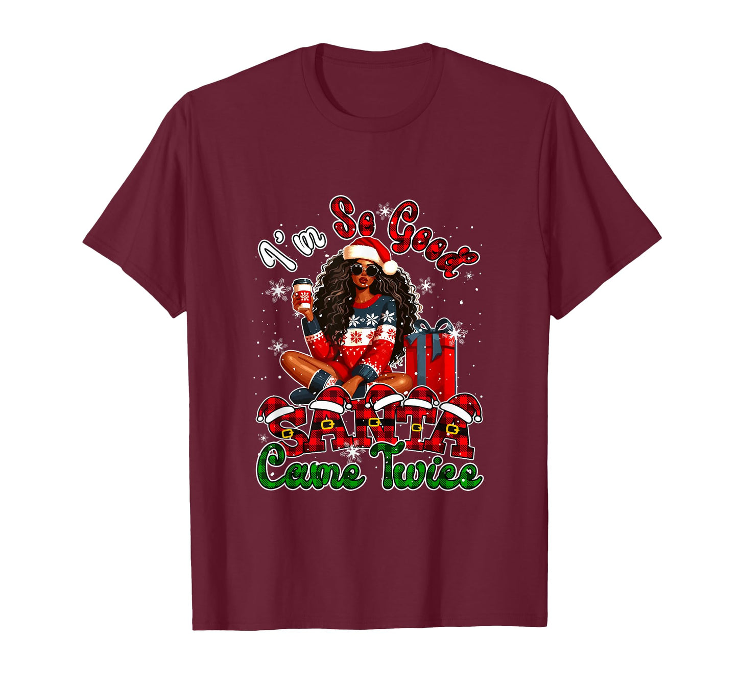 Funny Joke Santa Came Xmas Santa Afro Girl Drinking Coffee T-Shirt