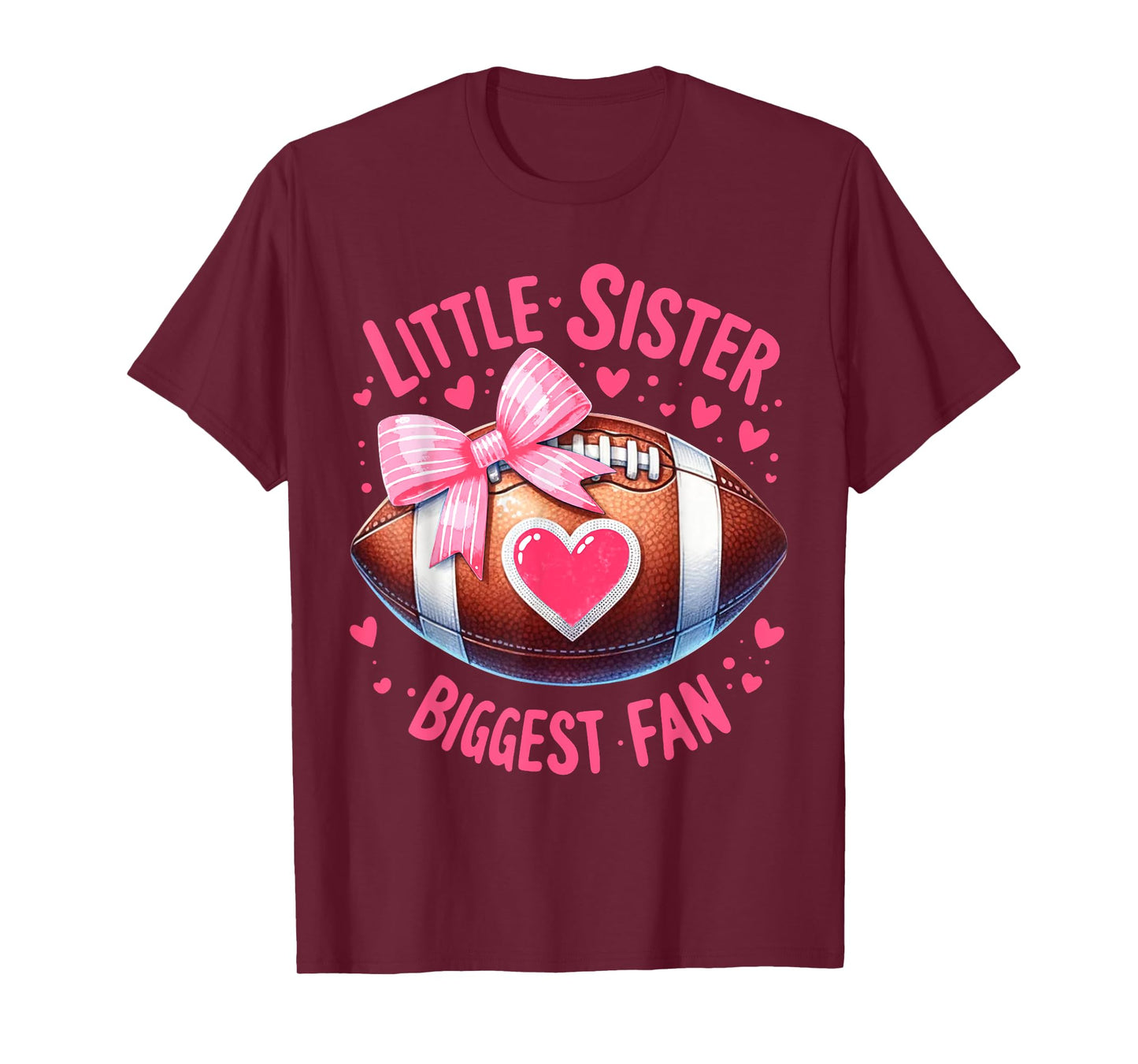 Little Sister Biggest Fan Cute Coquette Pink Bow Football T-Shirt