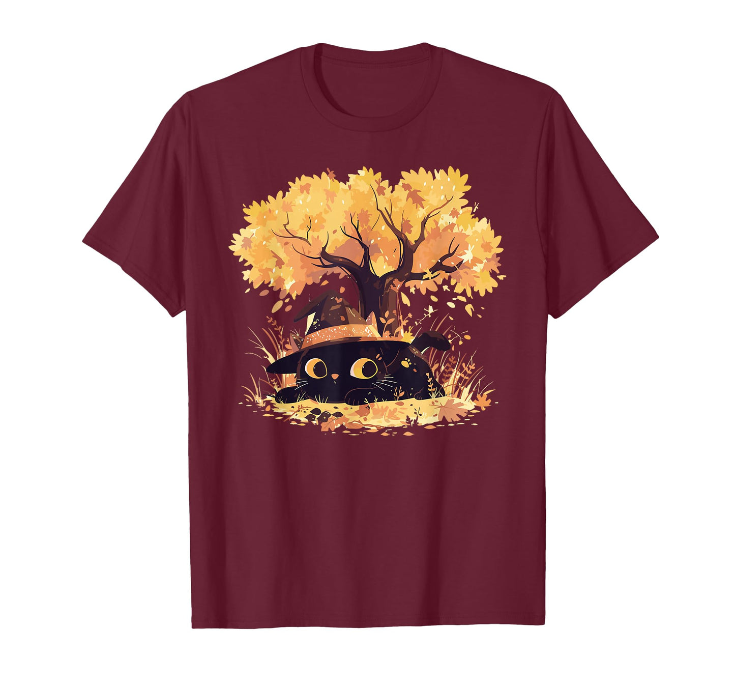 Black Cat Fall Theme with Cat Witch Halloween Cat Witchy Cat T-Shirt