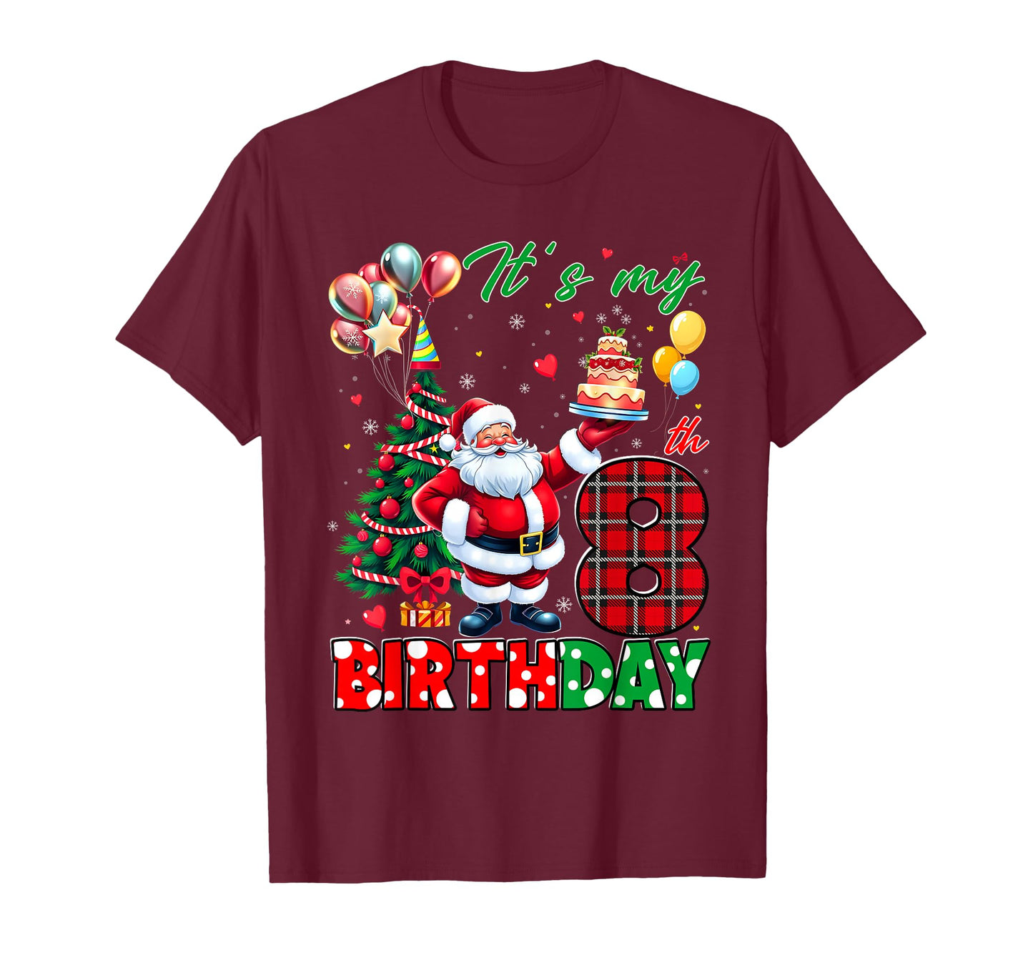 Kids It's My 8th Birthday Cute Santa Christmas 8 Years Old T-Shirt