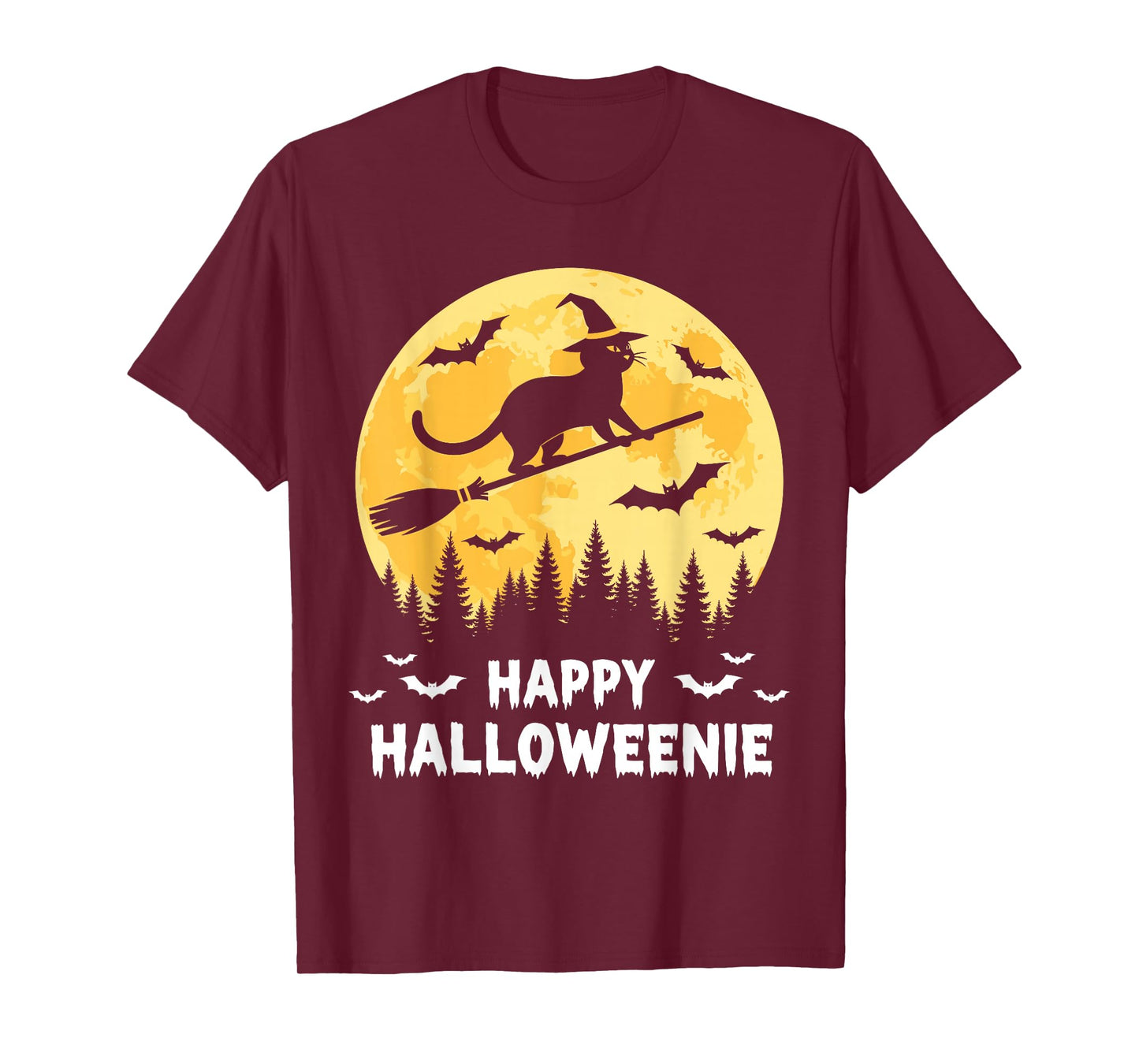 Happy Halloweenie Funny Halloween Cat Flying Witch T-Shirt