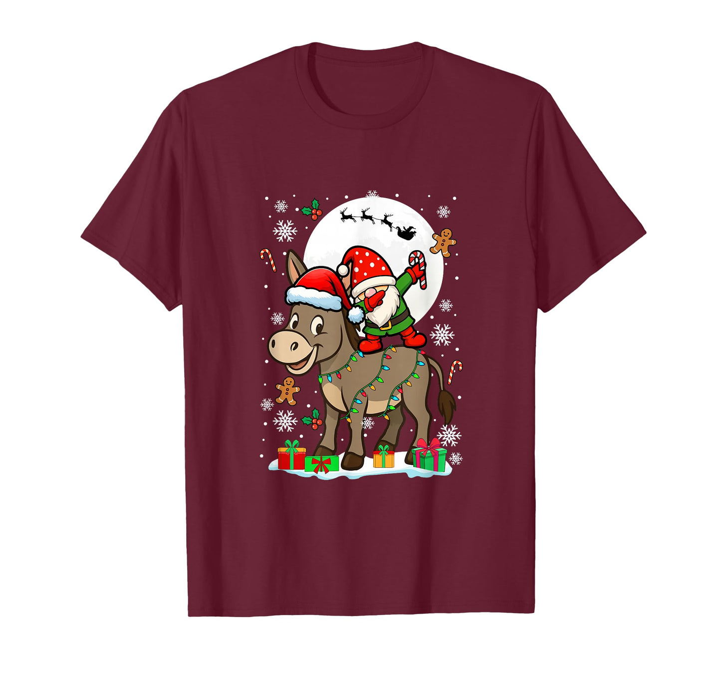 Dabbing Gnome On Donkey Christmas Santa Colorful Lights T-Shirt