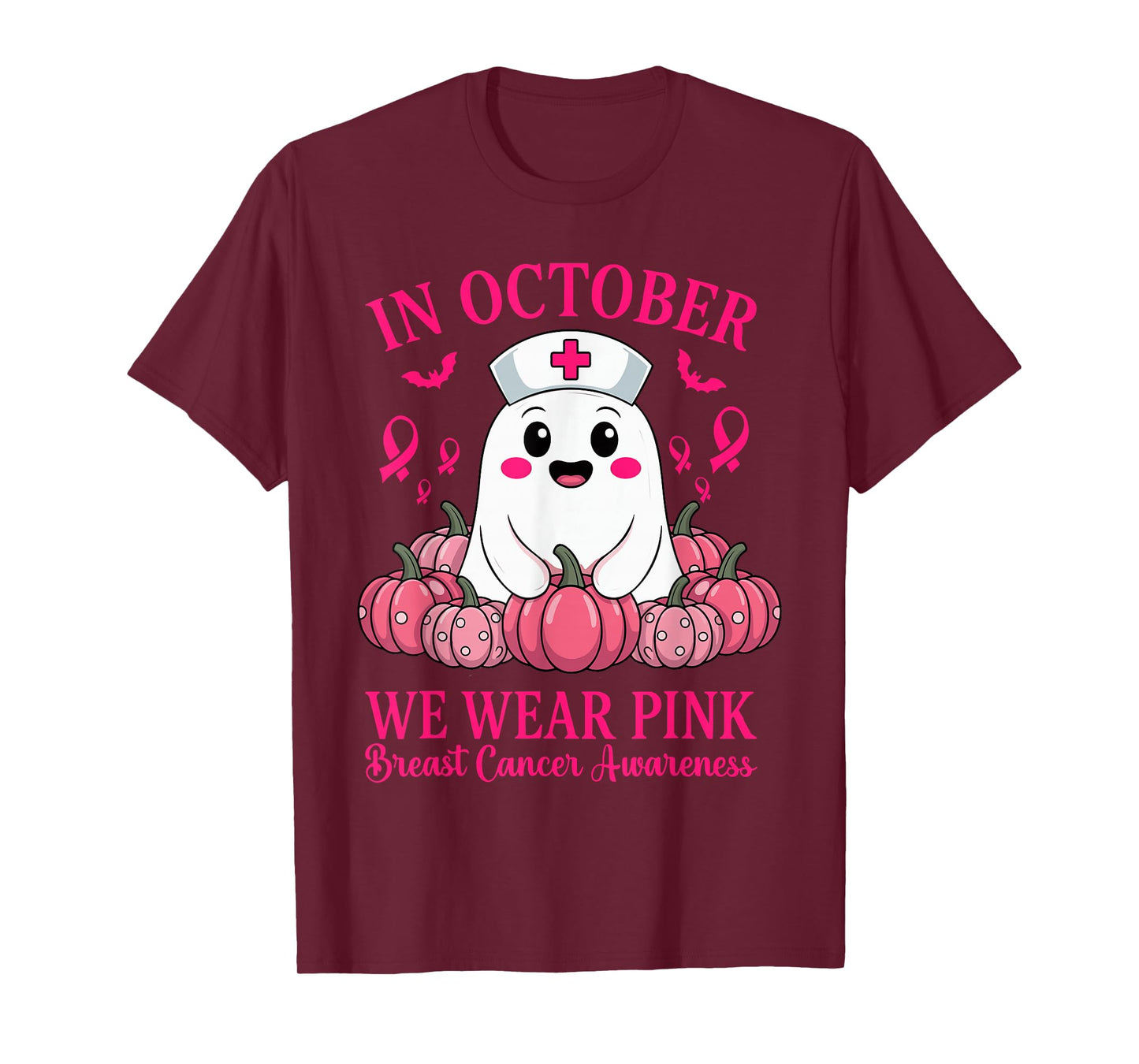 in October We Wear Pink Ghost Witch Awareness T-Shirt