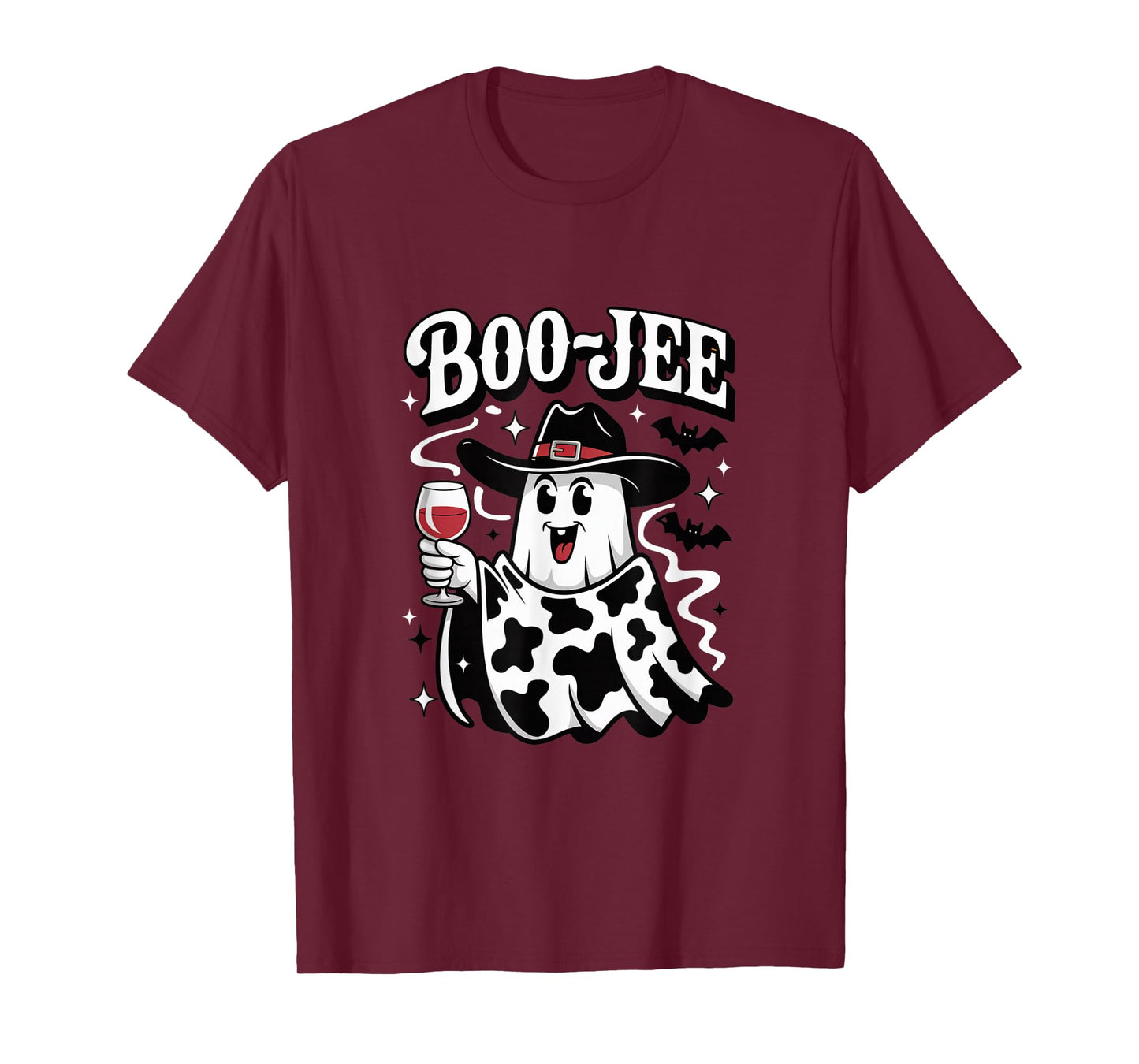 Boo JEE Ghost Drinking Wine Funny Halloween Cow T-Shirt