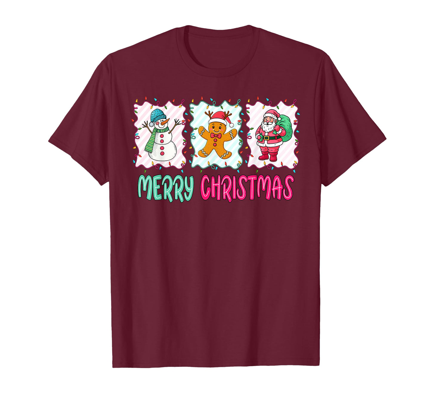 Merry Christmas Gingerbread Santa Snowman Xmas Women Kids T-Shirt
