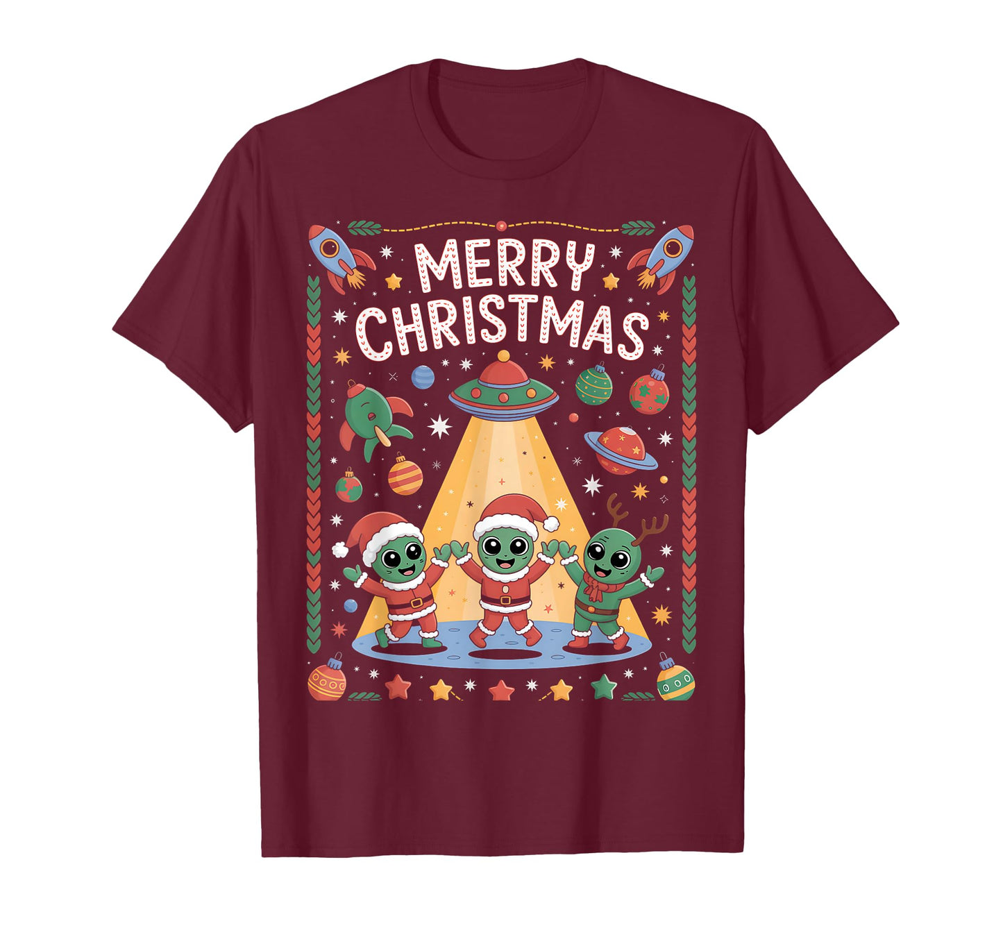 Funny Alien Trio Merry Ugly Christmas Santa Hat Gifts Xmas T-Shirt