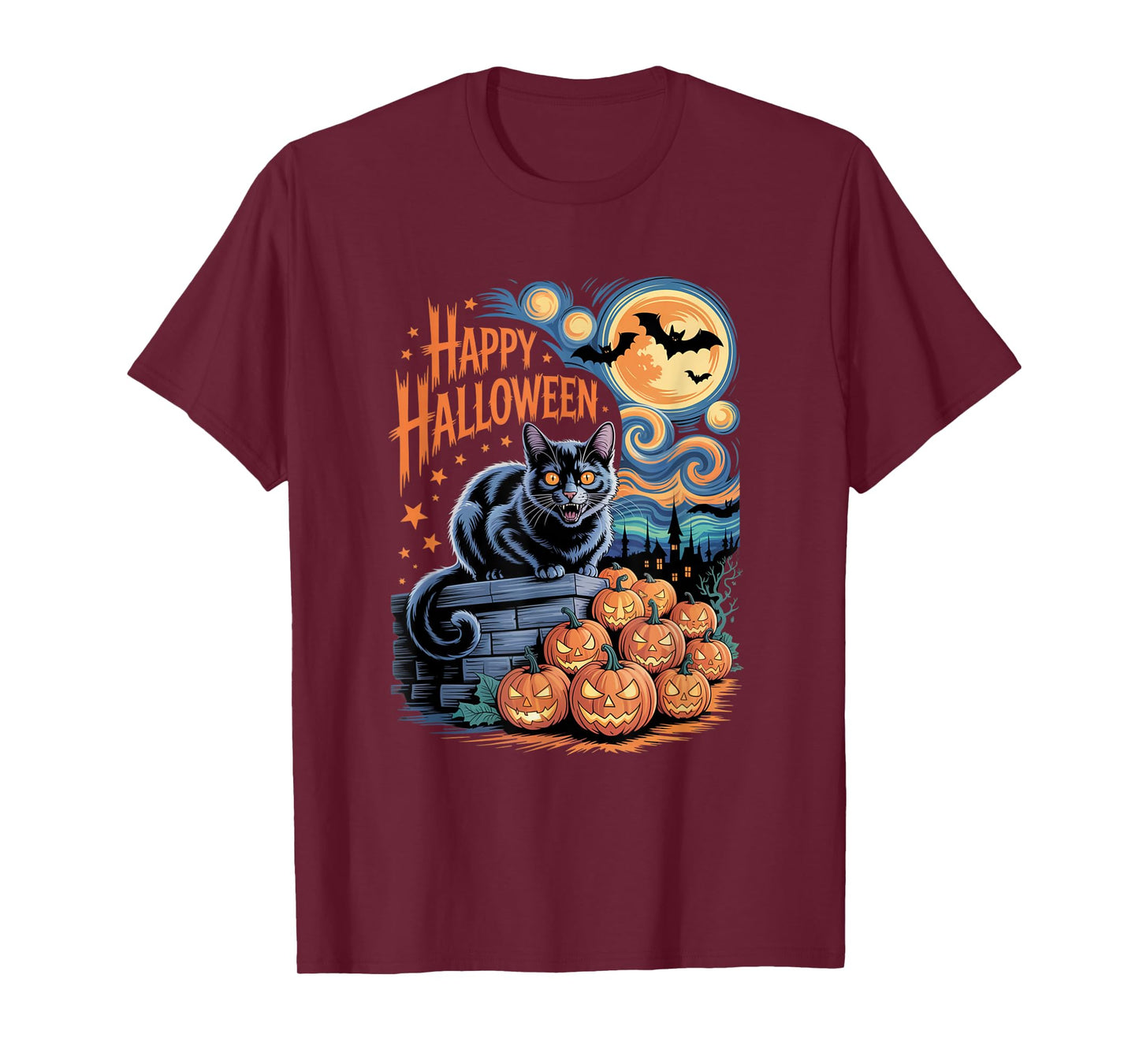 Halloween Cat and Pumpkins Van Gogh Starry Night Style T-Shirt